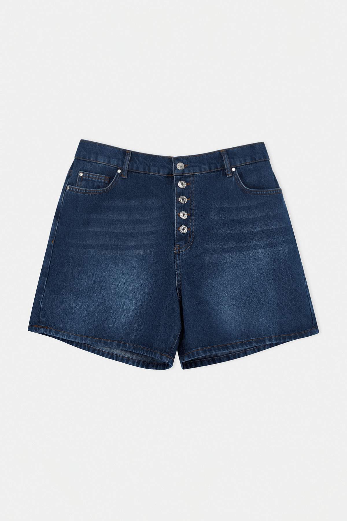 Trendyolmilla  Koyu Mavi Önden Düğmeli Yüksek Lastikli Bel Mini %100 Pamuk Non-Stretch Denim Şort TBBSS26AP00023