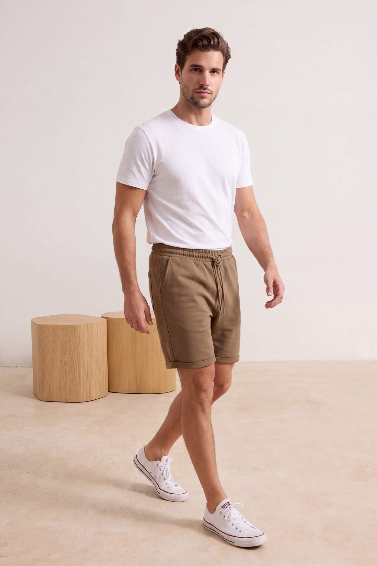 Trendyolmilla  Vizon Beli Lastikli Keten Görünümlü %100 Pamuk Dokuma Erkek Şort & Bermuda TMNSS26SR00008 - Görsel 2