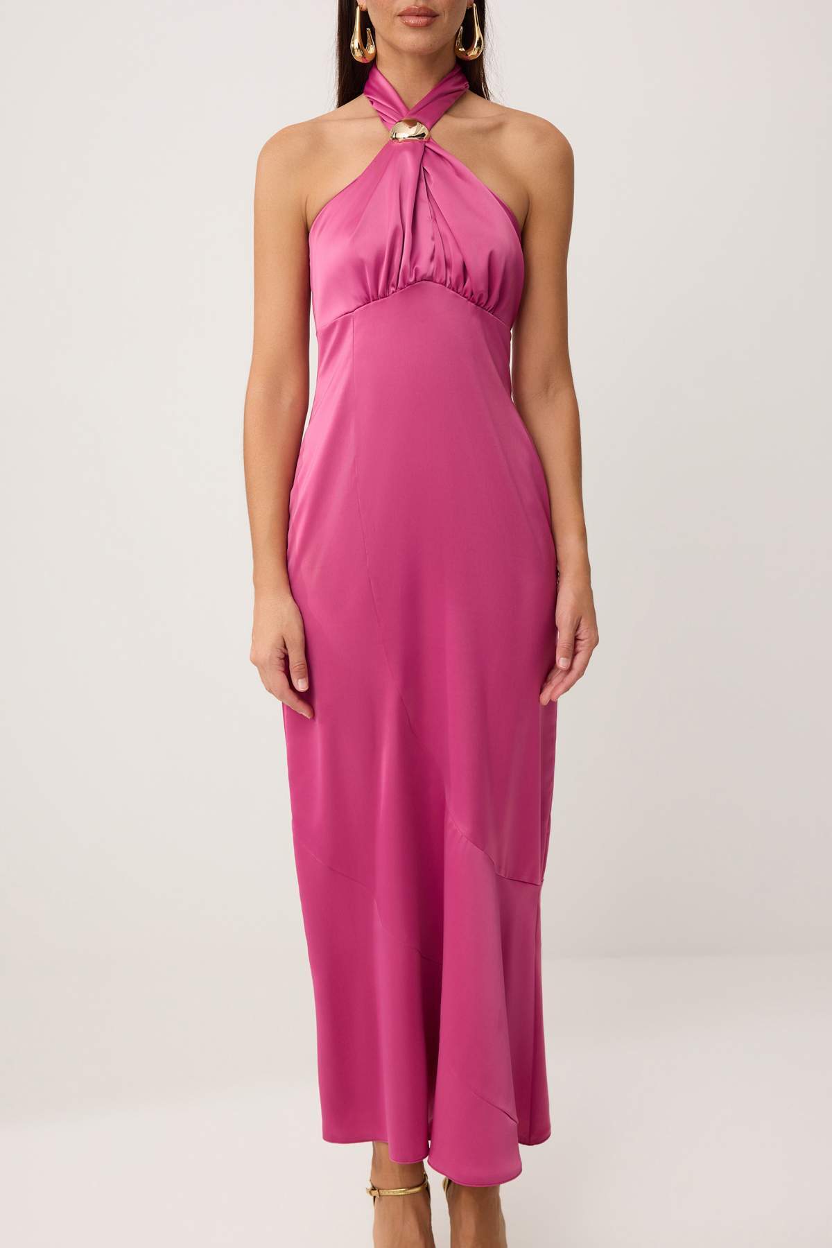 Trendyolmilla  Fuşya Düz Aksesuar Detaylı Dokuma Saten Maxi Astarsız Mezuniyet/Balo Elbise - Görsel 3