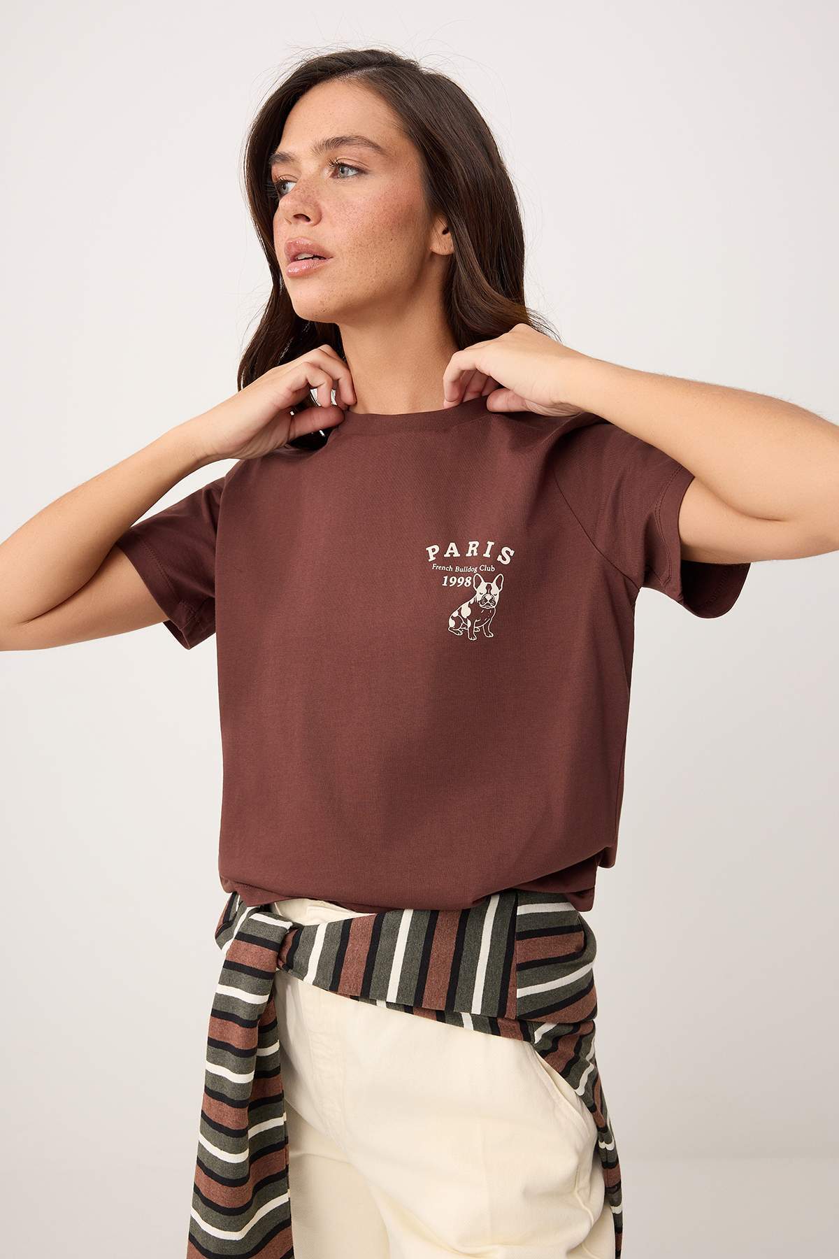 Trendyolmilla Kahverengi Düz Regular Bisiklet Yaka Kısa Uzun Tok %100 Pamuk Örme T-Shirt TWOSS26TS00207