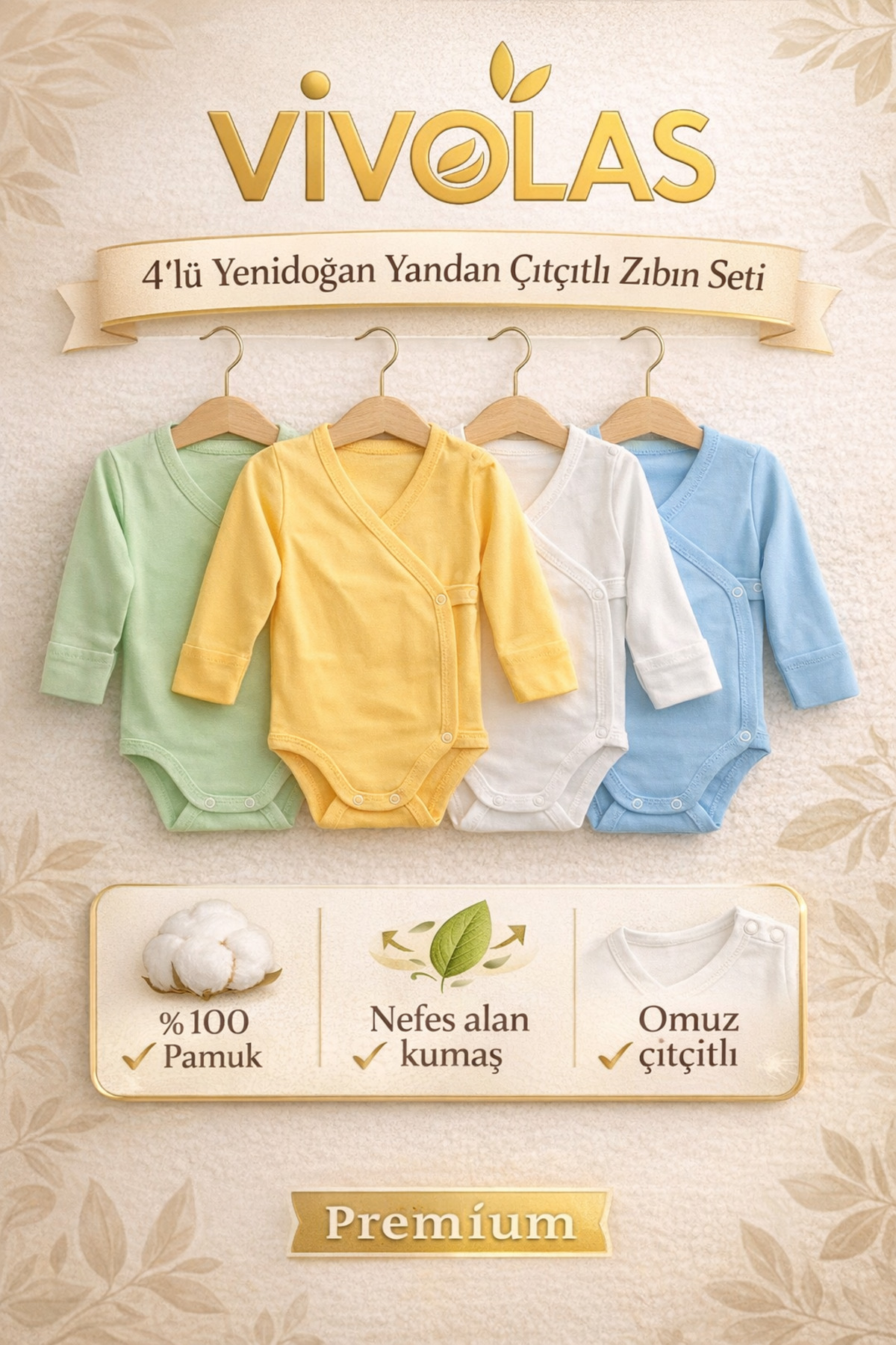 Vivolas Uzun Kollu Kendinden Eldivenli Çıtçıtlı Badi Kruvaze - 3'lü Paket 0-3 Ay fotoğrafı 2 (önizleme)