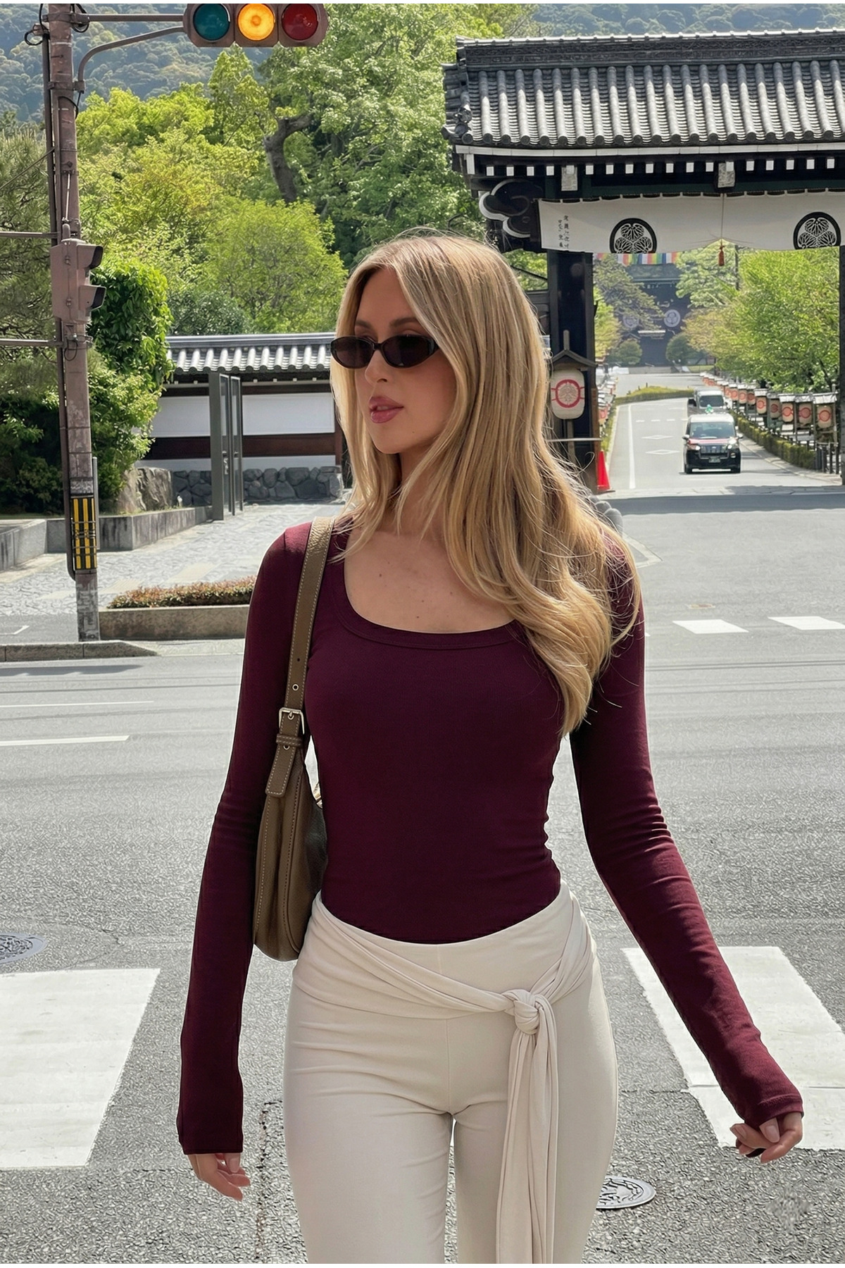 Women's 100% Cotton Stretch Fabric Body Sitting Slim Fit Long Sleeve Square Neck CLARET RED T-SHIRT