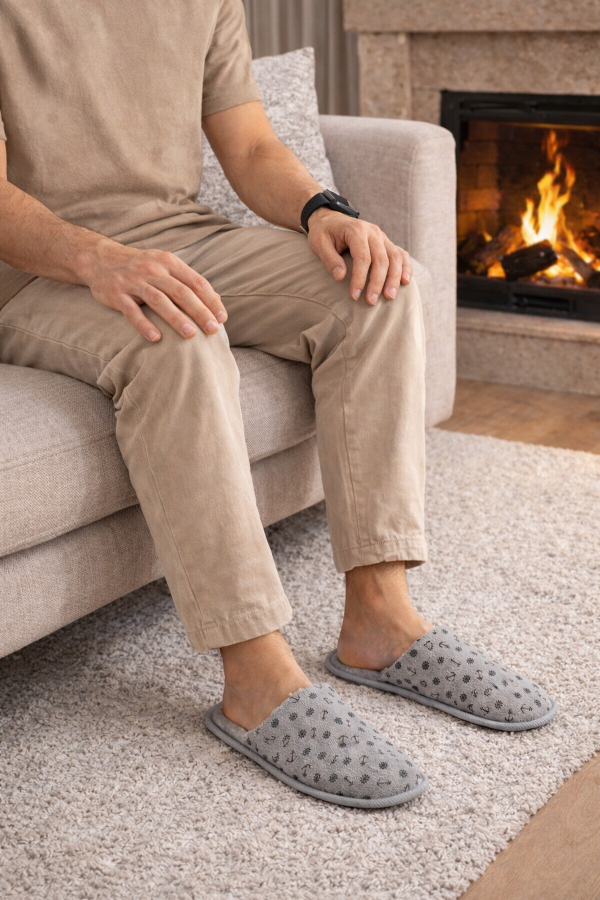 RedPlay  Erkek Ev Terliği Kışlık Terlik Baskılı Örme Triko Kumaş Terlik