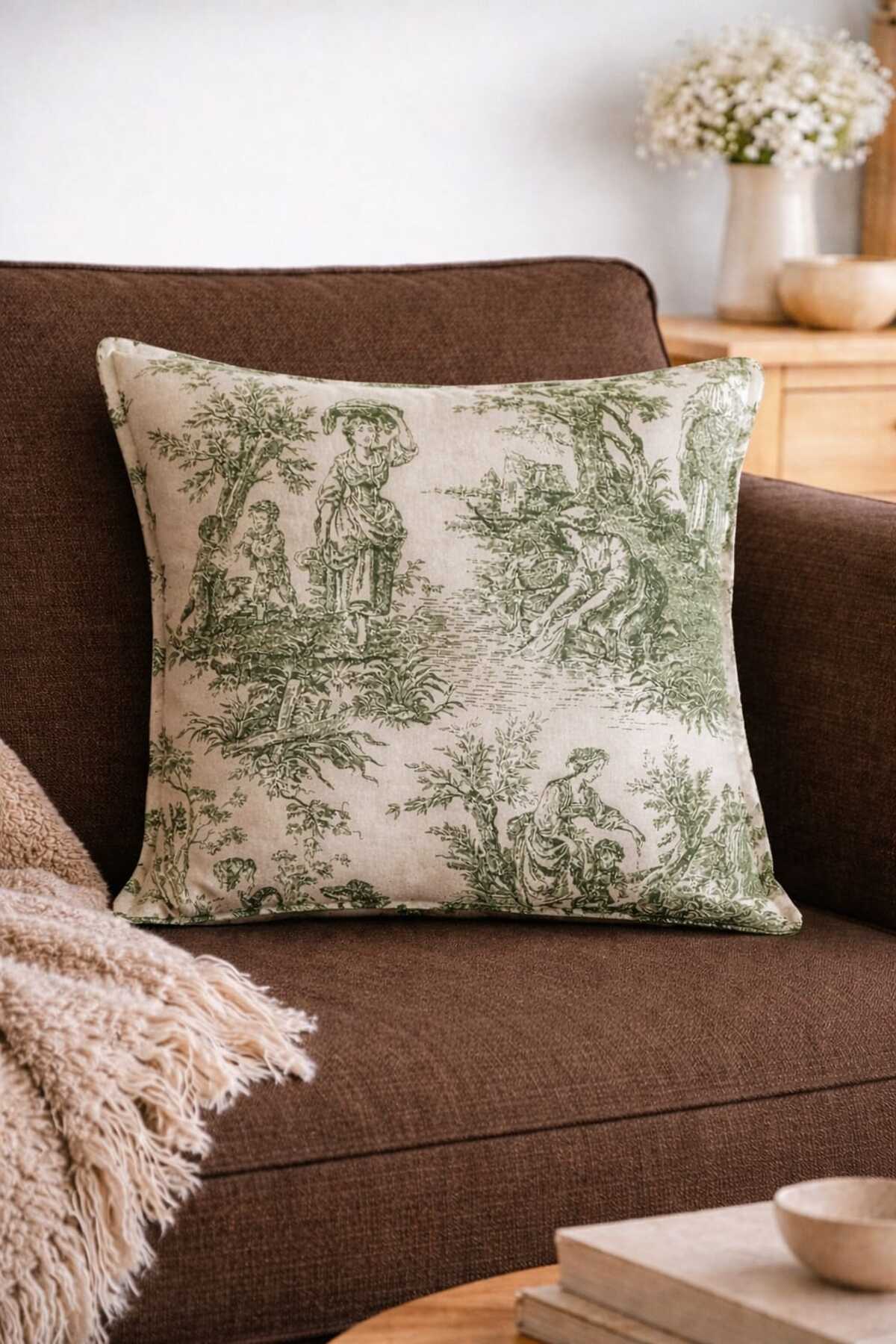 VİNTAGE GREEN PATTERNED LINEN PILLOWCASE