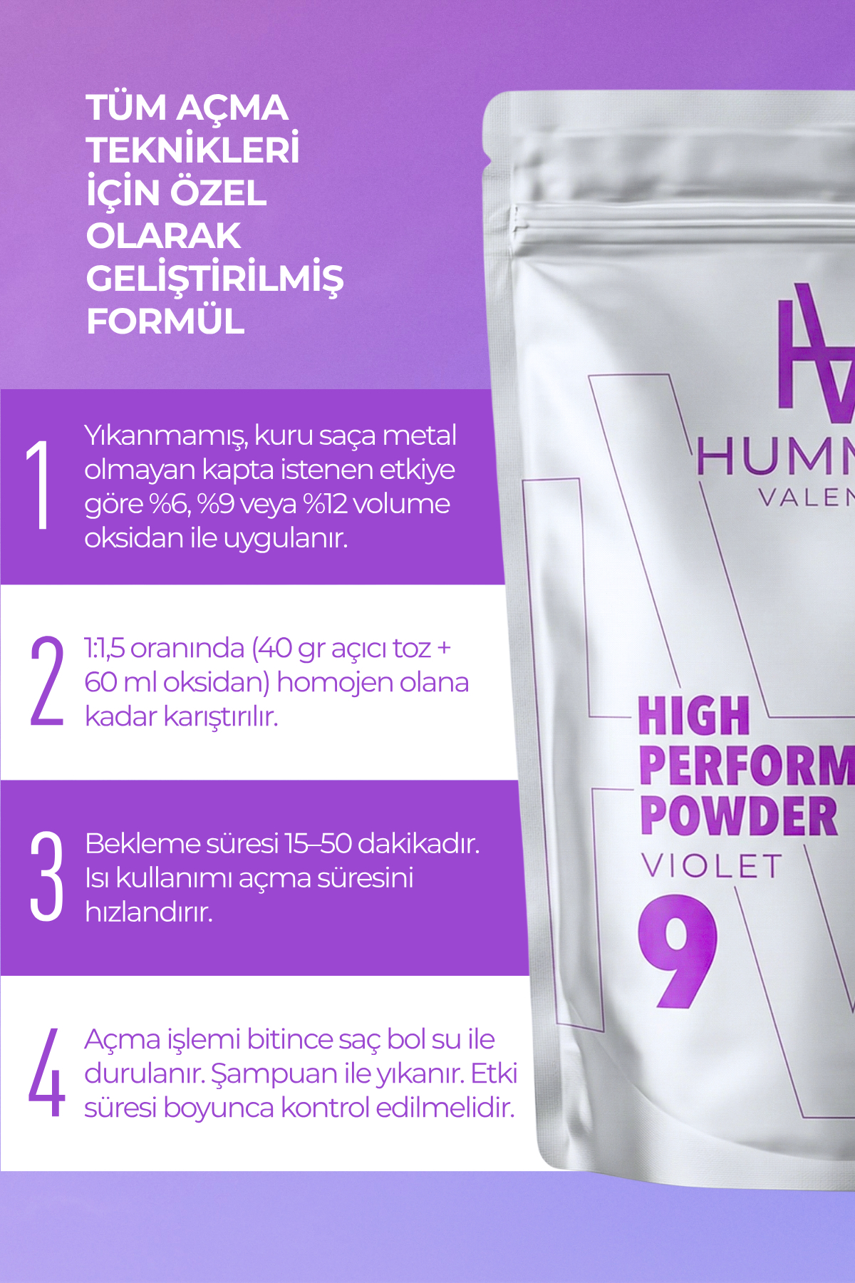 Saç Açıcı Toz (Violet-Mor) Yüksek Performanslı 9 Ton Açma - 500 gr — HML-V — تصویر 4 از 4