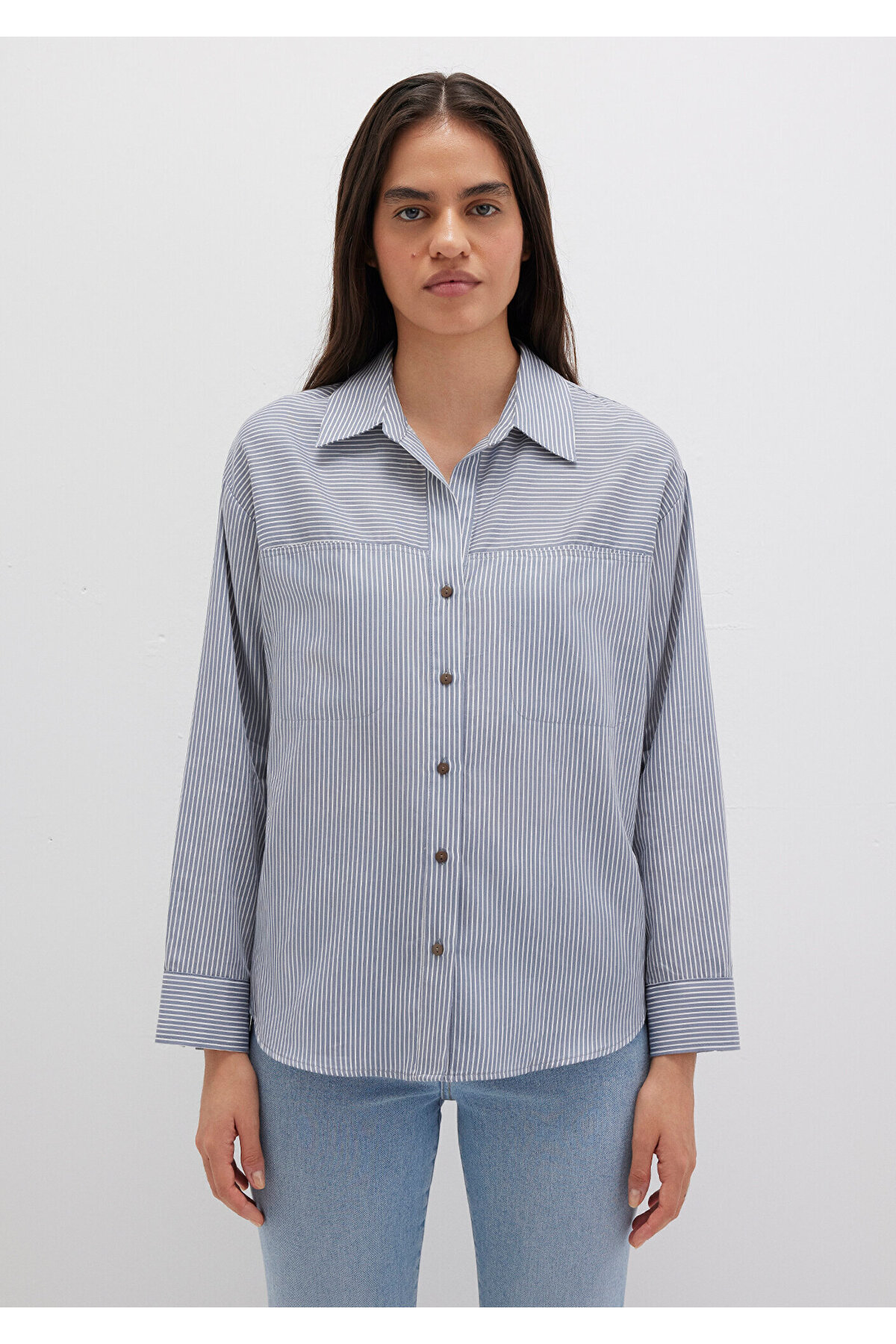 Mavi  Çizgili Mavi Gömlek Oversize / Geniş Kesim 1211069-89153 - Görsel 3