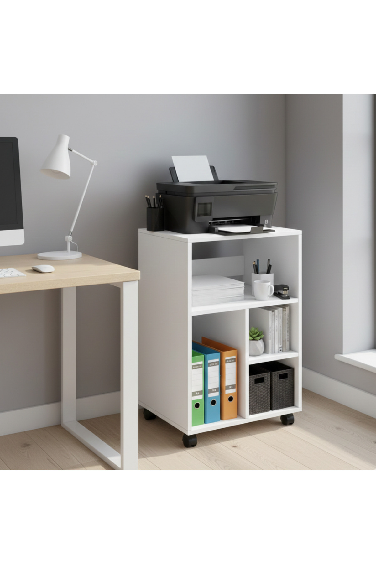 Wheeled Printer Stand Printer Desk Printer Cabinet Office Cabinet Document File Organizer Turntable Plate Stand Multi-Purpose Cabinet Cuup Pine White