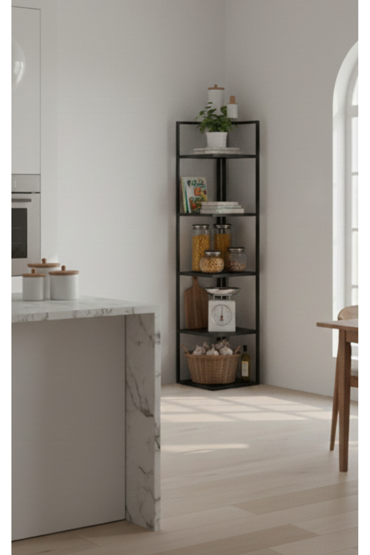 Corner Bookshelf Corner Shelf 5 Shelves Metal Bookshelf Decorative Shelf Accessory Shelf Multi Purpose Kitchen Corner Shelf ELA 180 Cm Black