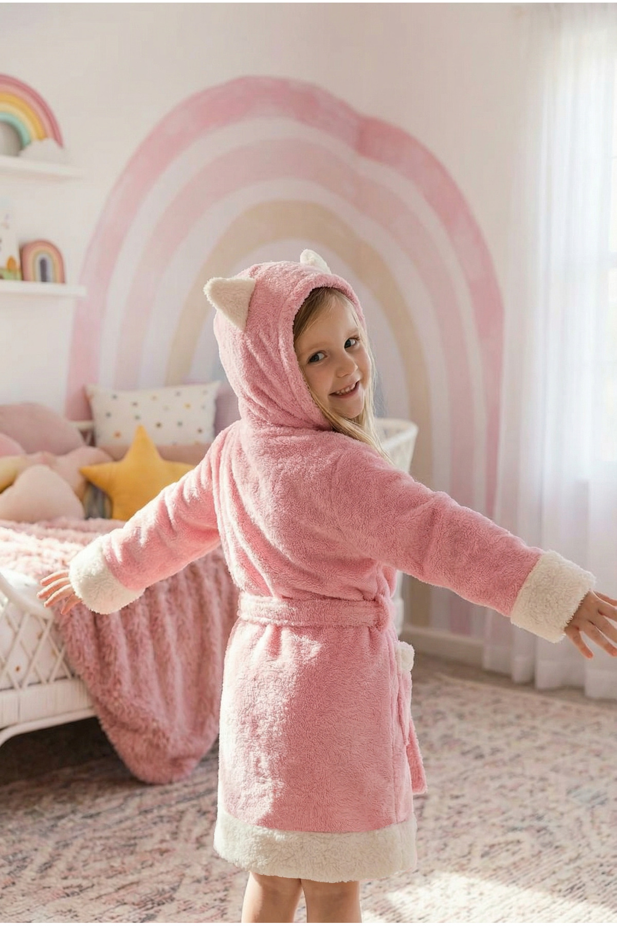 EAST&HIERA Kız Çocuk Bornozu Kapüşonlu Pamuklu ,Polar Figürlü, Pembe (1-14 Yaş) fotoğrafı 3 (önizleme)