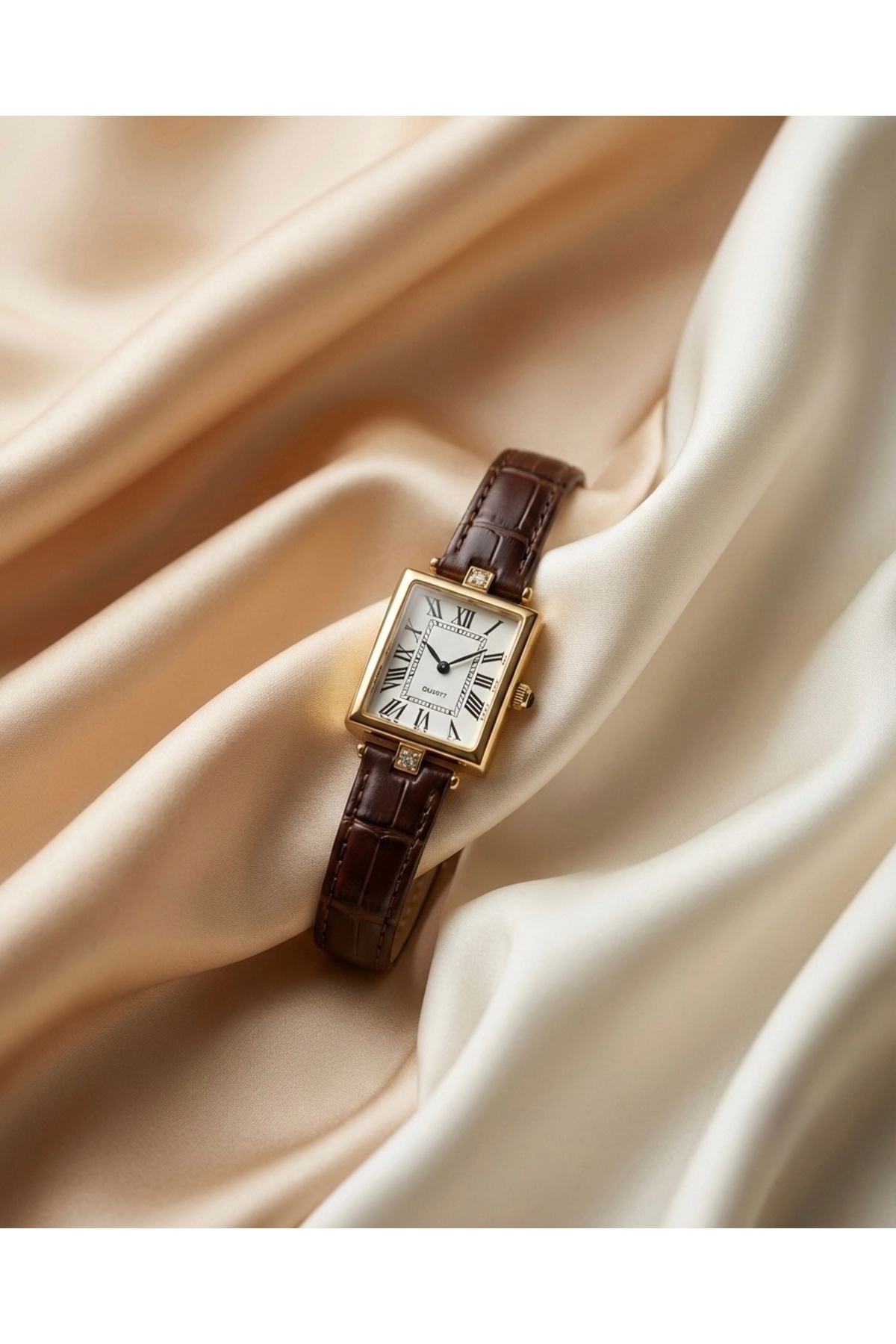 KLISHE Butik  Royal Kadın Saat Gold Kare Kasa | Vintage Old Money Kahverengi Deri Kordon Lüks Zarif Kol Saati 2026 - Görsel 4