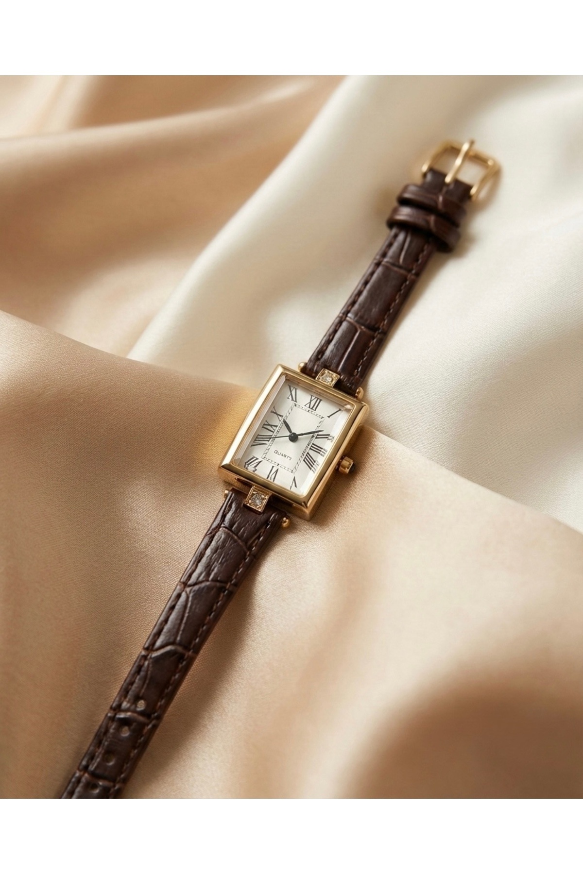 KLISHE Butik  Royal Kadın Saat Gold Kare Kasa | Vintage Old Money Kahverengi Deri Kordon Lüks Zarif Kol Saati 2026 - Görsel 6