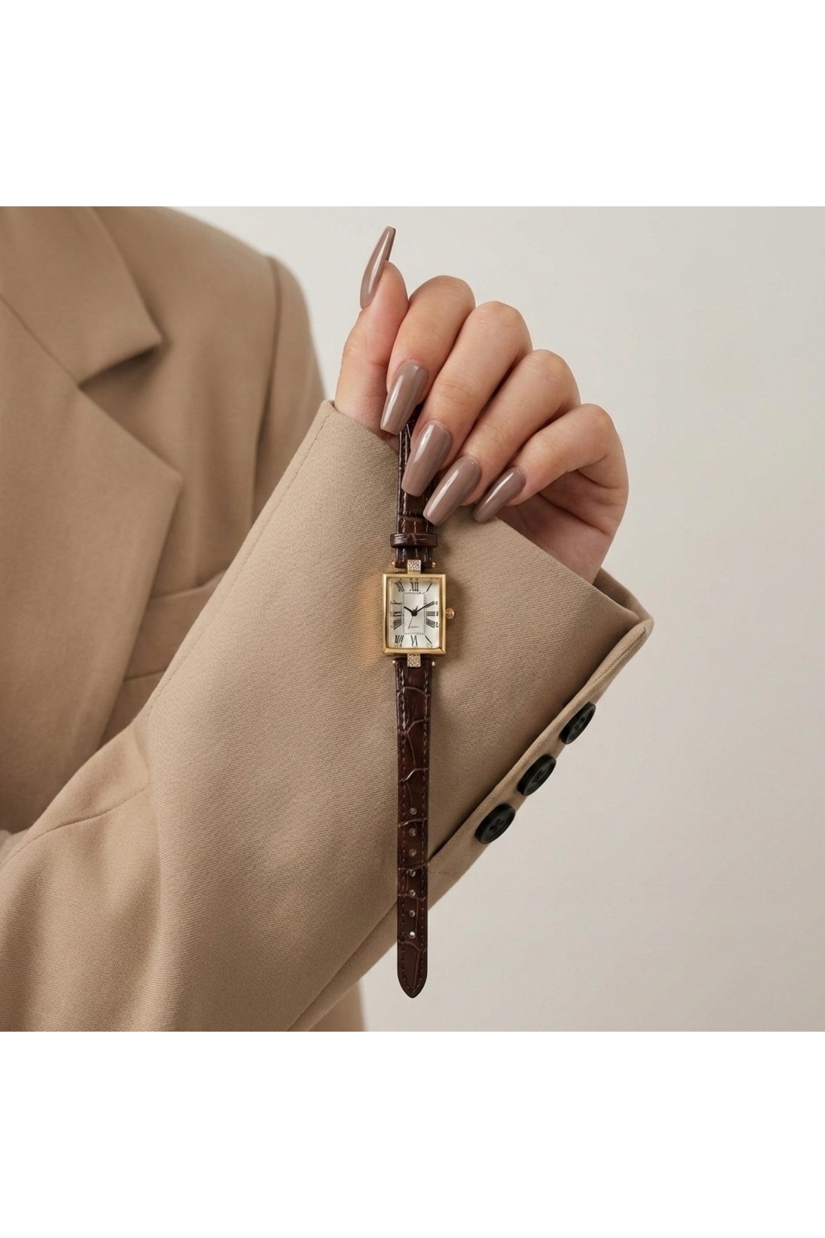 KLISHE Butik  Royal Kadın Saat Gold Kare Kasa | Vintage Old Money Kahverengi Deri Kordon Lüks Zarif Kol Saati 2026 - Görsel 5