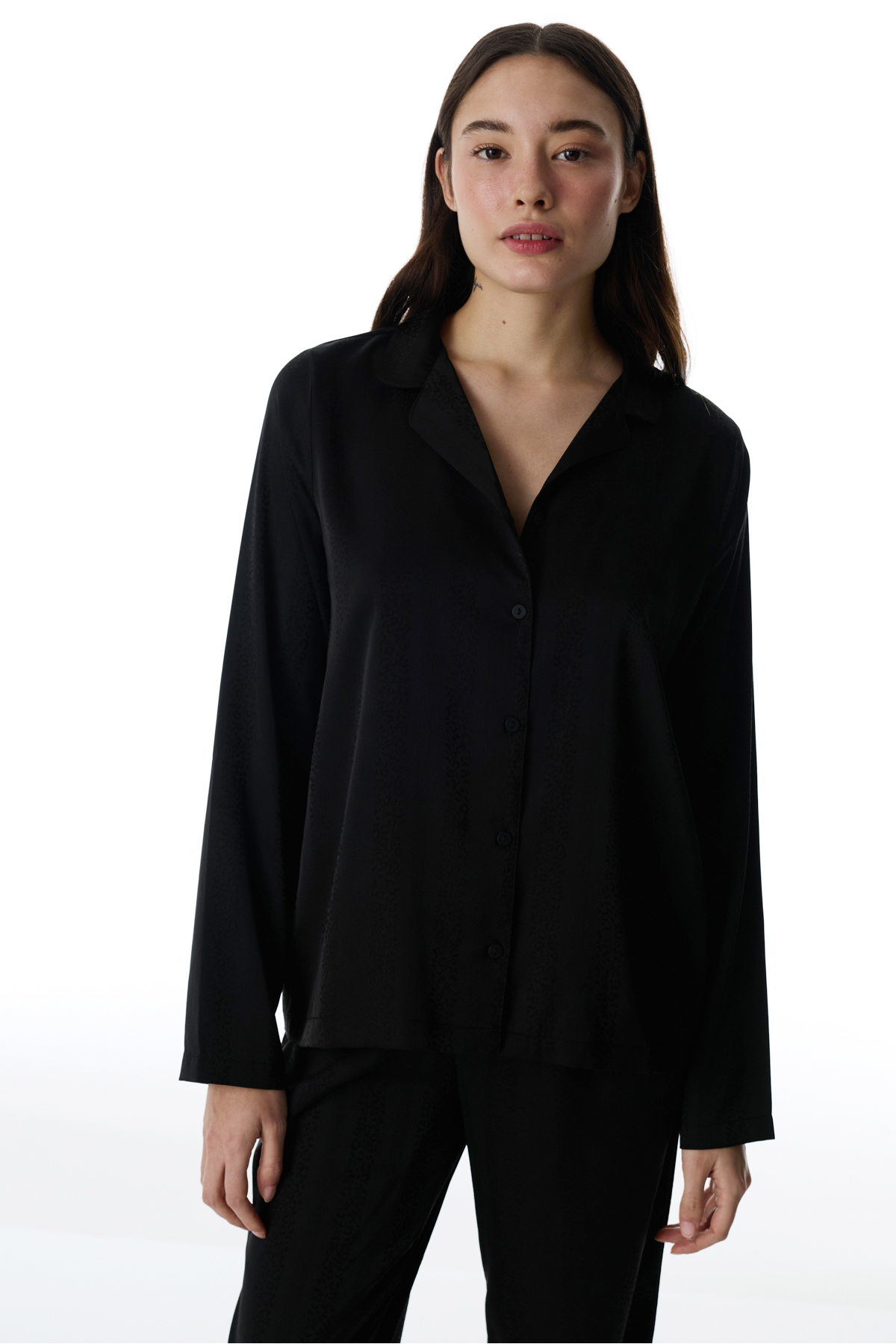 Penti  Siyah Lilah Saten Düğmeli Gömlek Pantolon Pijama Takımı - Görsel 2