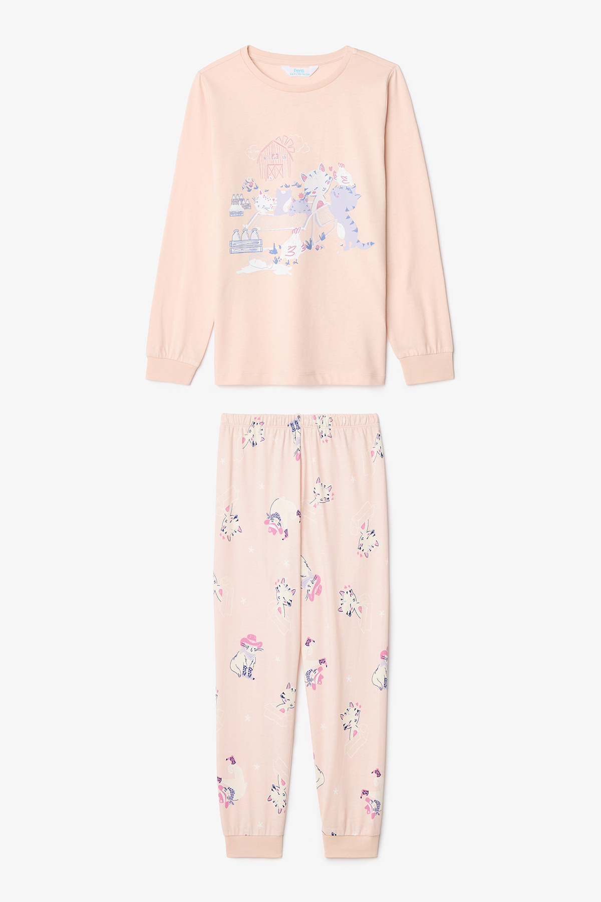 Penti Kız Çocuk Meowdy Kedi Desenli Pamuklu 2'li Uzun Kollu Pijama Takımı fotoğrafı 3 (önizleme)