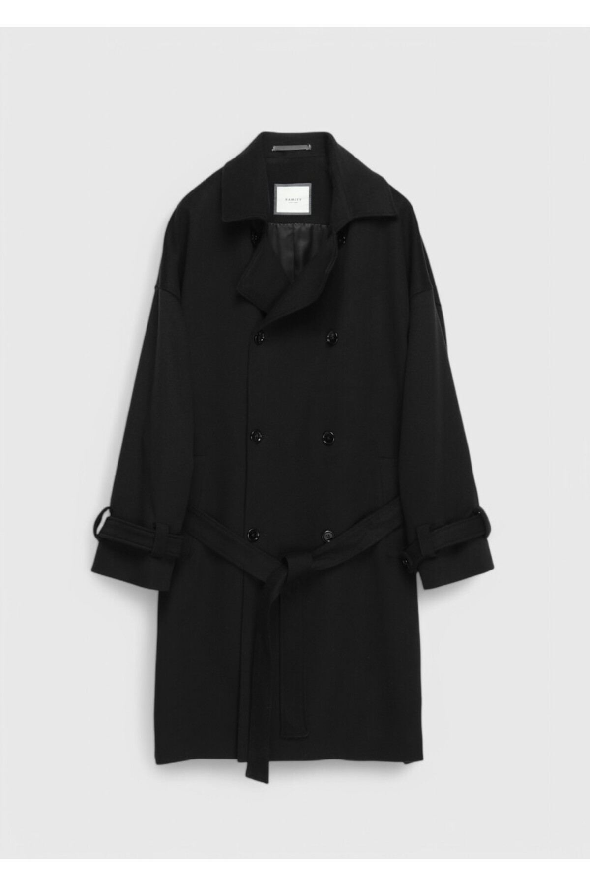 Siyah Oversize Fit Kruvaze Yaka Casual Dokuma Palto — رنگارنگ 10155193 — تصویر 7 از 7