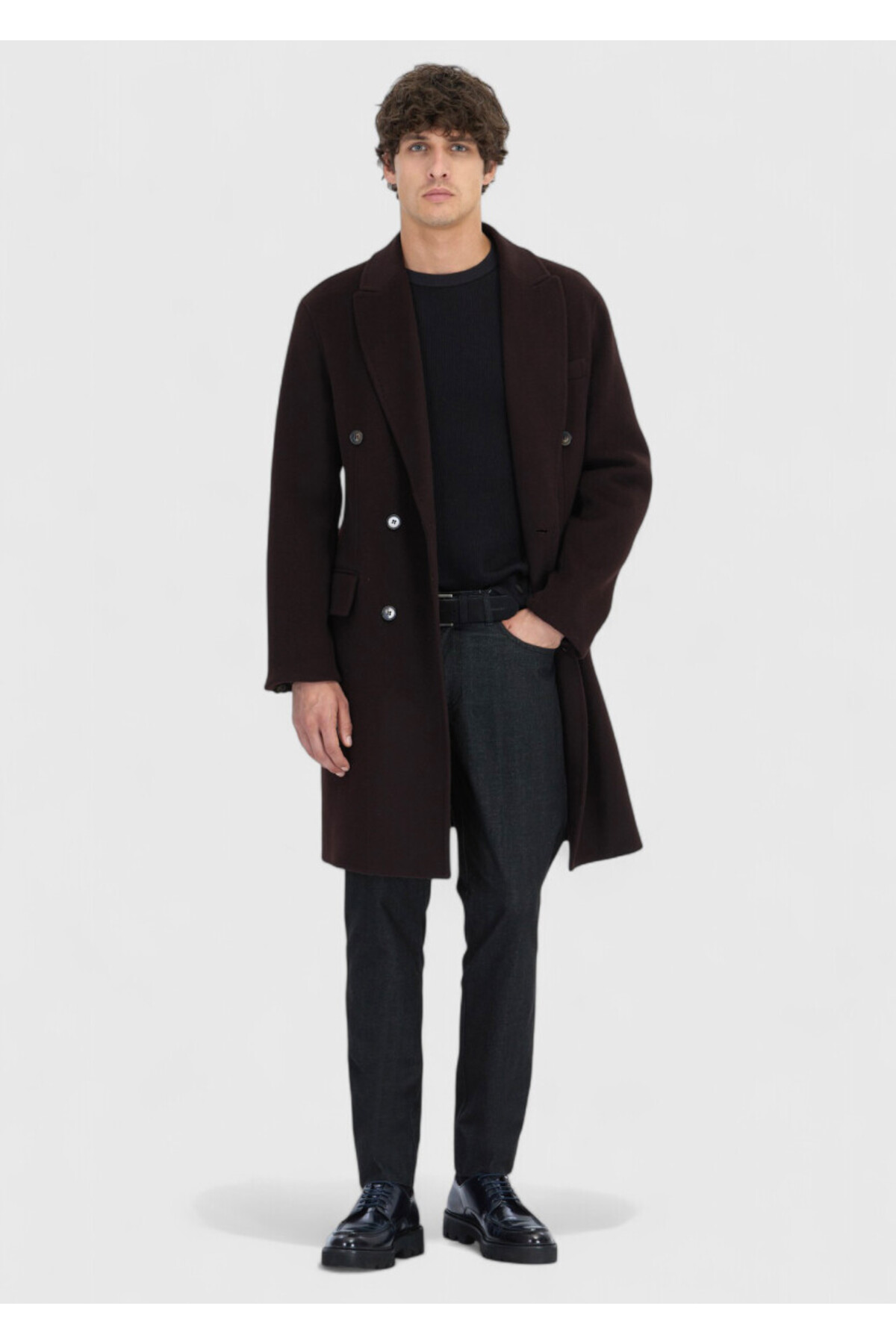 Ramsey  Mürdüm Regular Fit Kruvaze Yaka Klasik Dokuma Palto - Görsel 2