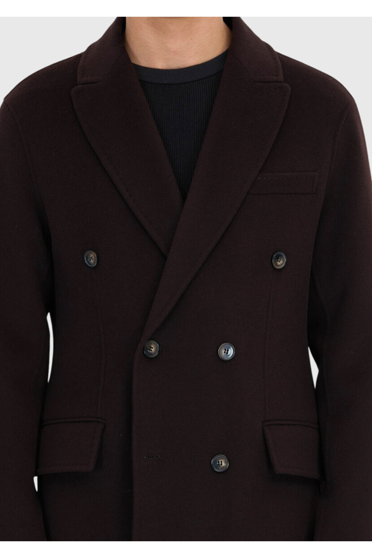 Ramsey  Mürdüm Regular Fit Kruvaze Yaka Klasik Dokuma Palto - Görsel 5