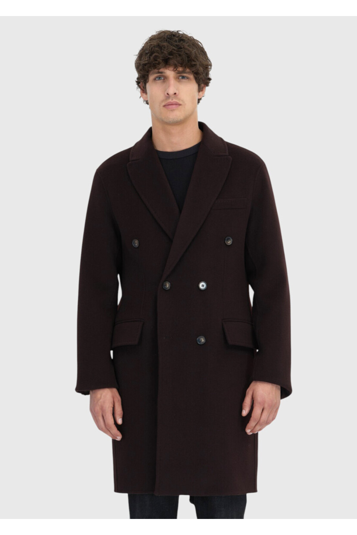 Ramsey  Mürdüm Regular Fit Kruvaze Yaka Klasik Dokuma Palto - Görsel 3