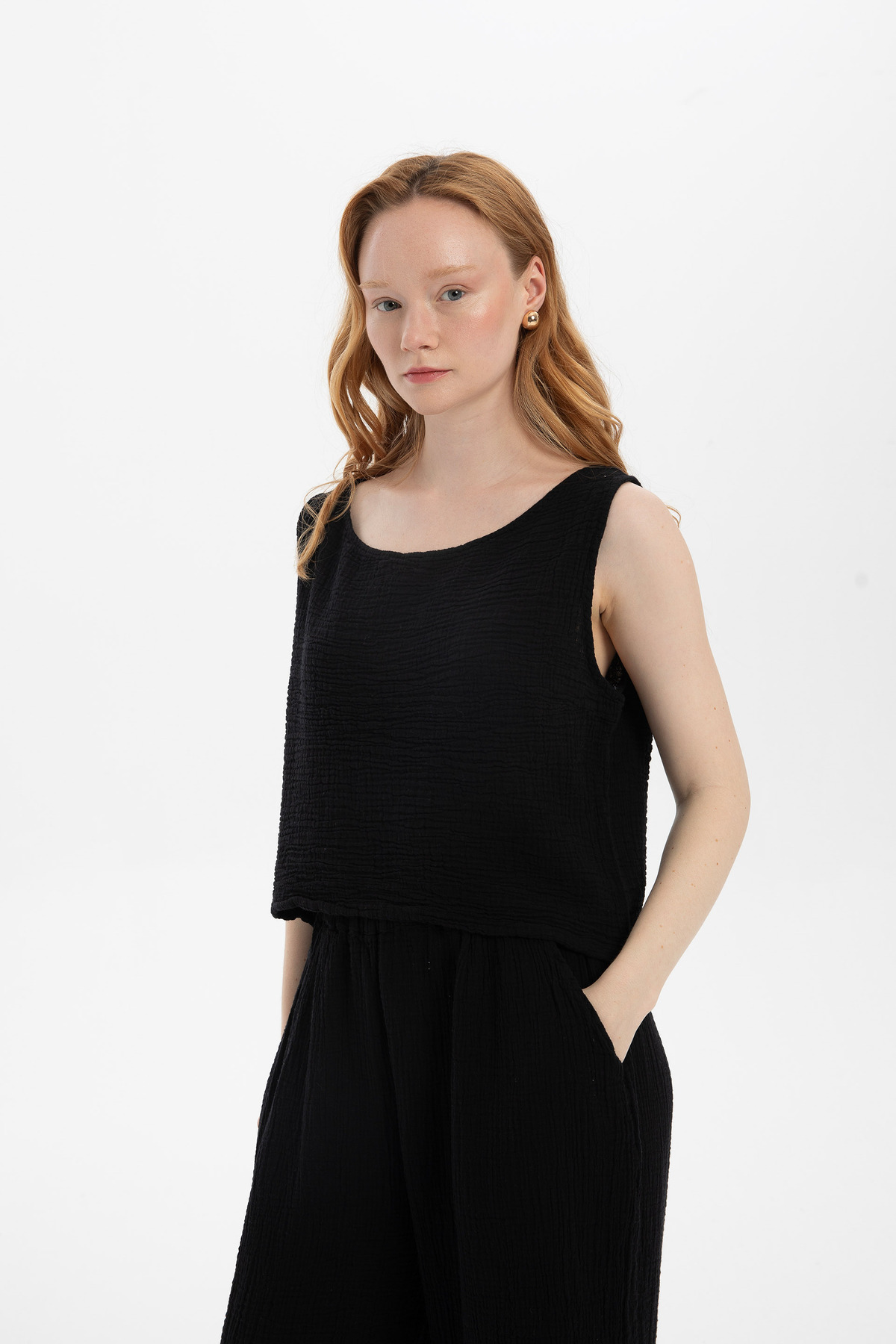 | 100% Cotton | Muslin | Boat Neck | Crop | Blouse | Black