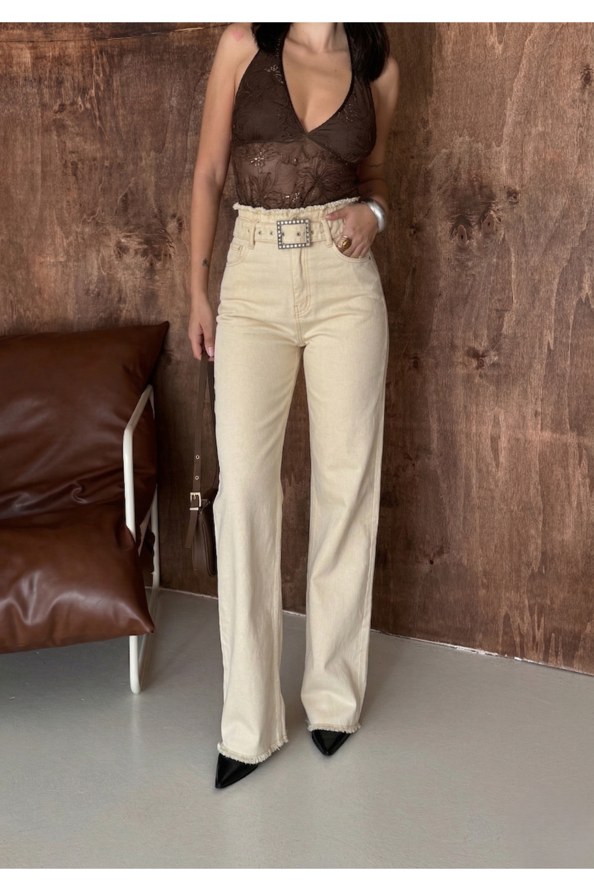 Swet Shop Jeans  Kadın Yüksek Bel Soluk Efekt Vintage Kemerli , Bel Püskül Paça Püskül Palazzo Jean - Görsel 4