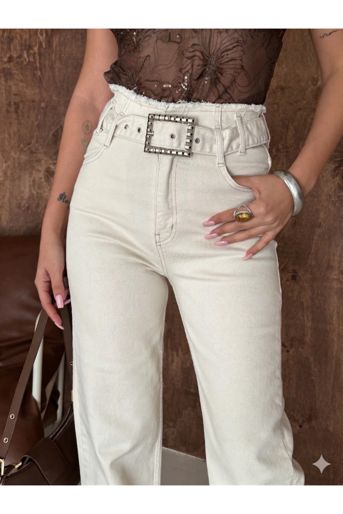 Swet Shop Jeans  Kadın Yüksek Bel Soluk Efekt Vintage Kemerli , Bel Püskül Paça Püskül Palazzo Jean - Görsel 5