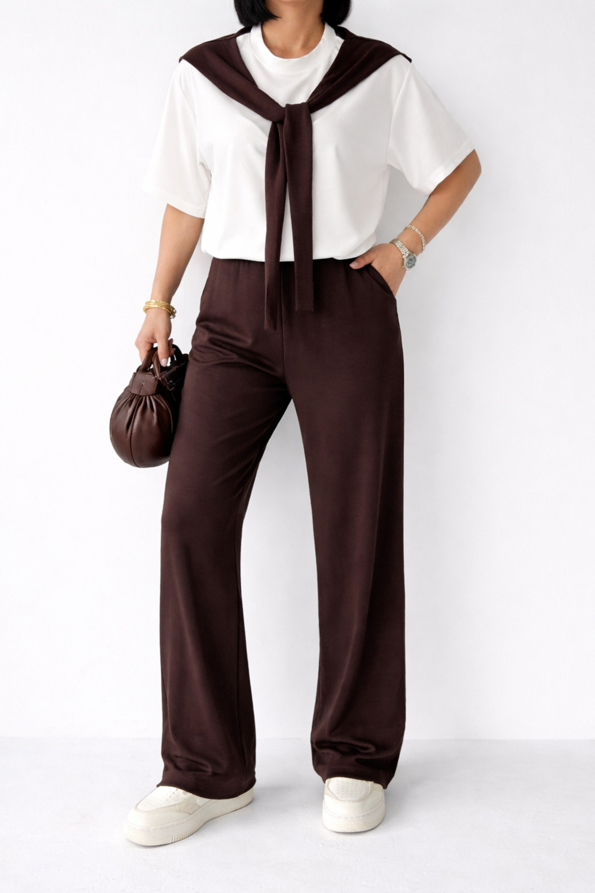 Women's Coffee Scarf Detailed T-shirt and Pants Bottom Top Set