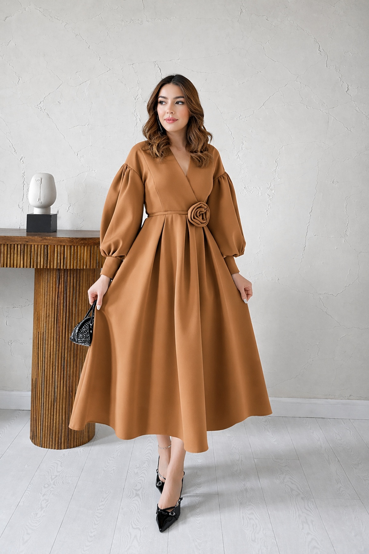Beige Rose Detail Balloon Sleeve Wrap Collar Pleated Scuba Fabric Dress