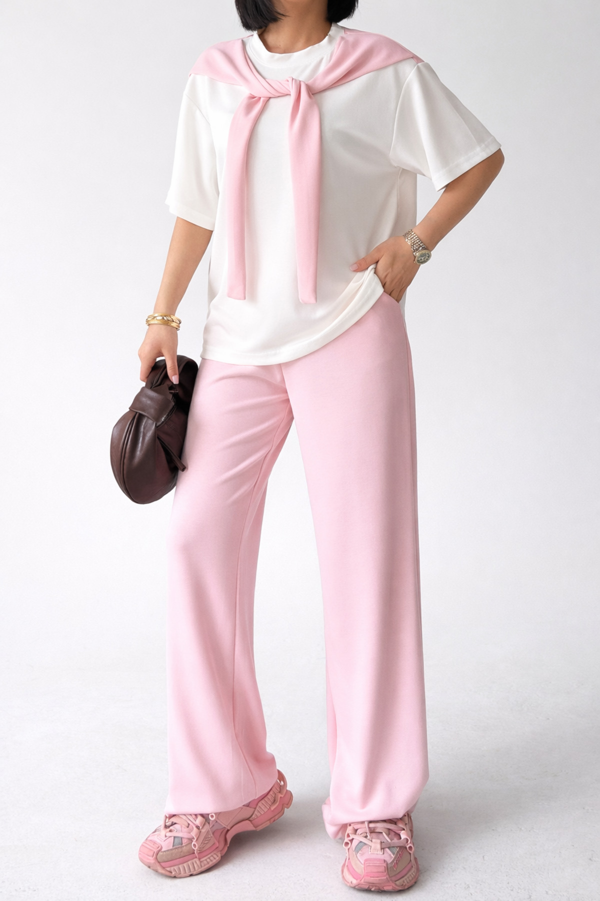 Women's Pink Scarf Detailed T-shirt and Pants Bottom Top Set