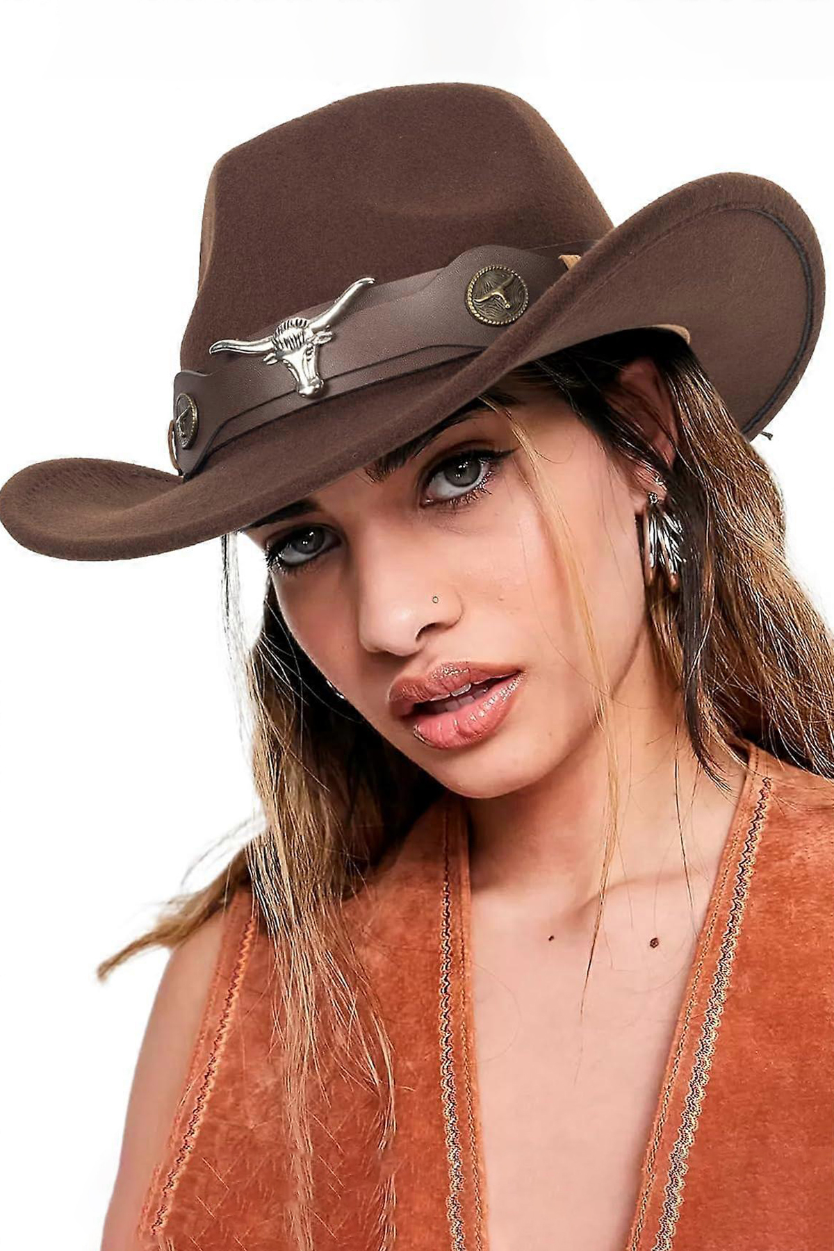 Külah Deri Şeritli Boğa Figürlü Fötr Şapka Premium Classic Western Festival Beach Rave Hat