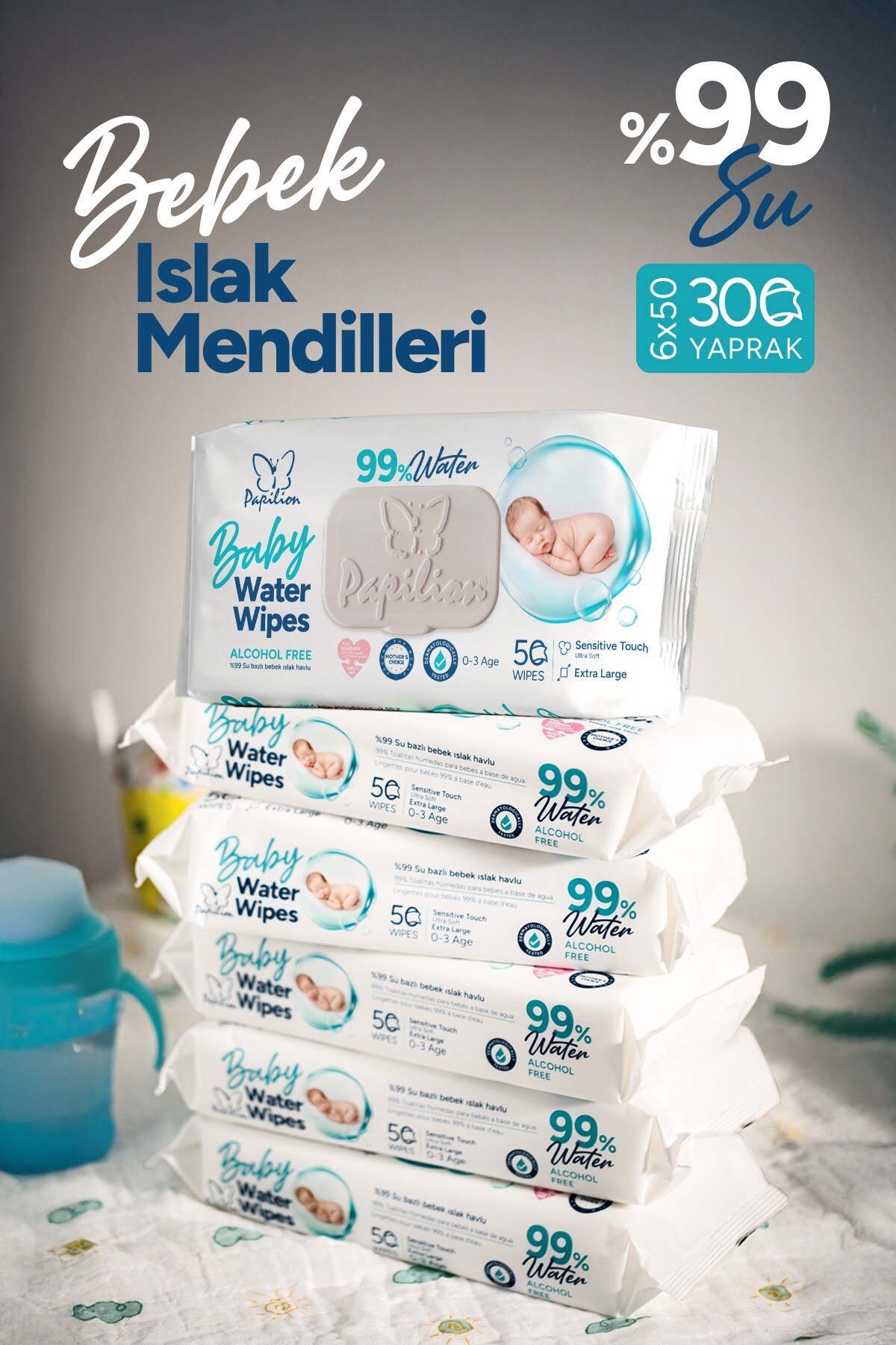 Papilion 6'lı Baby Water Wipes %99 Saf Su Bazlı Bebek Islak Mendil 6x50 – 300 Yaprak Yeni Doğan Ekonomik
