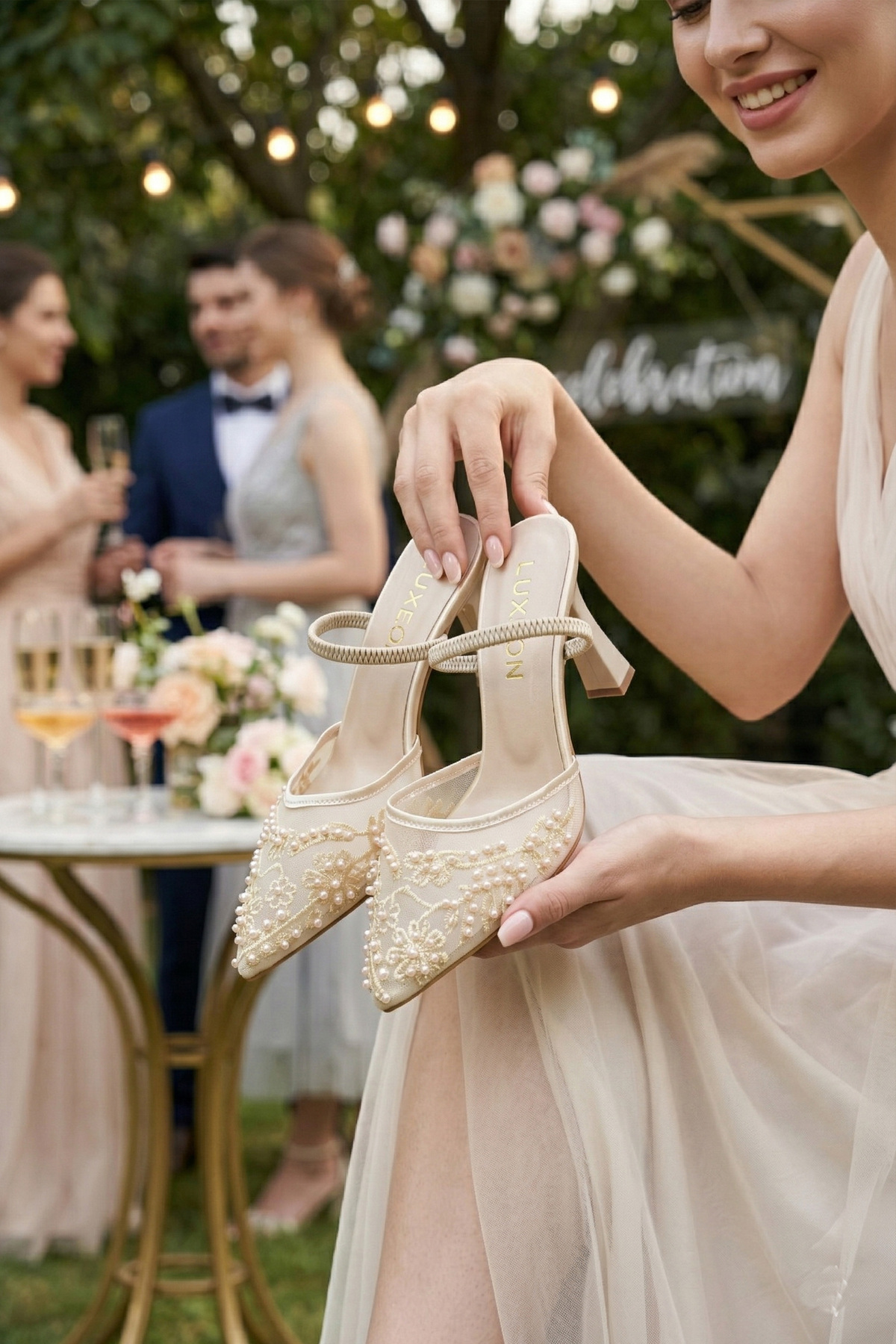 LUXEON Kadın Bej Tül File Üzeri Boncuk İşlemeli Stiletto Arkası Açık Abiye Sivri Burun Şık Topuklu Ayakkabı görsel 4