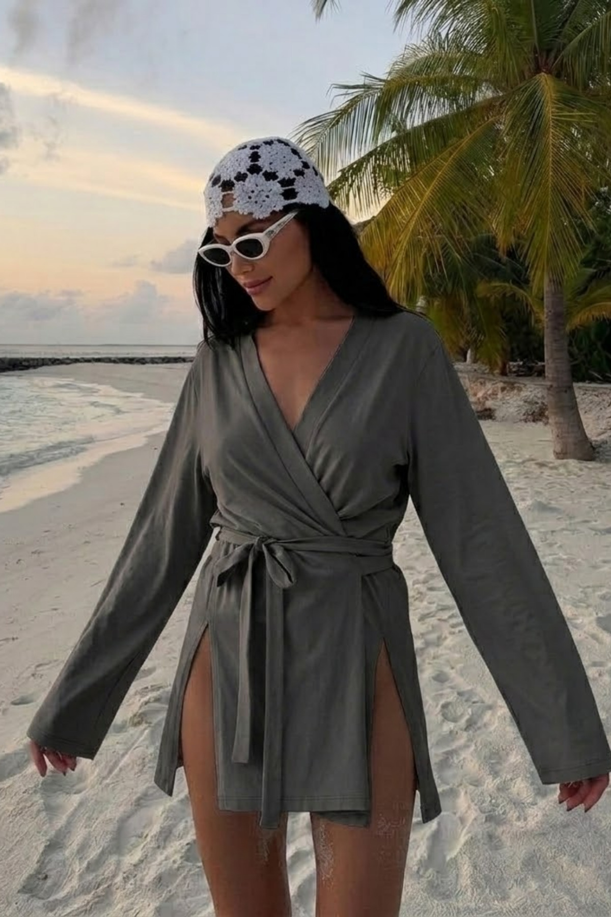 Women's V-Neck Smoked Kimono with Loose Belt