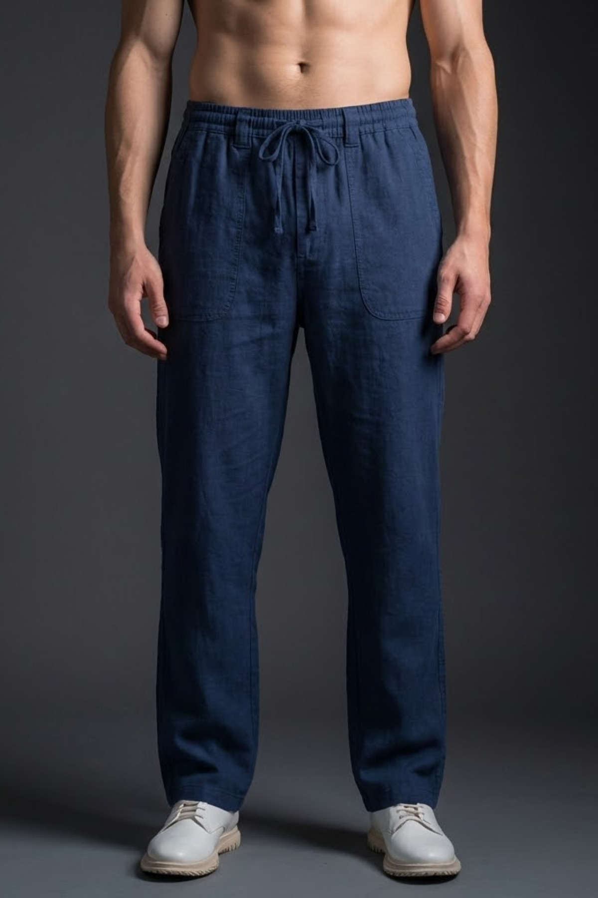 COMBİNE MİCHAİL Men's Relaxed Wide-Leg Navy Blue Linen Trousers