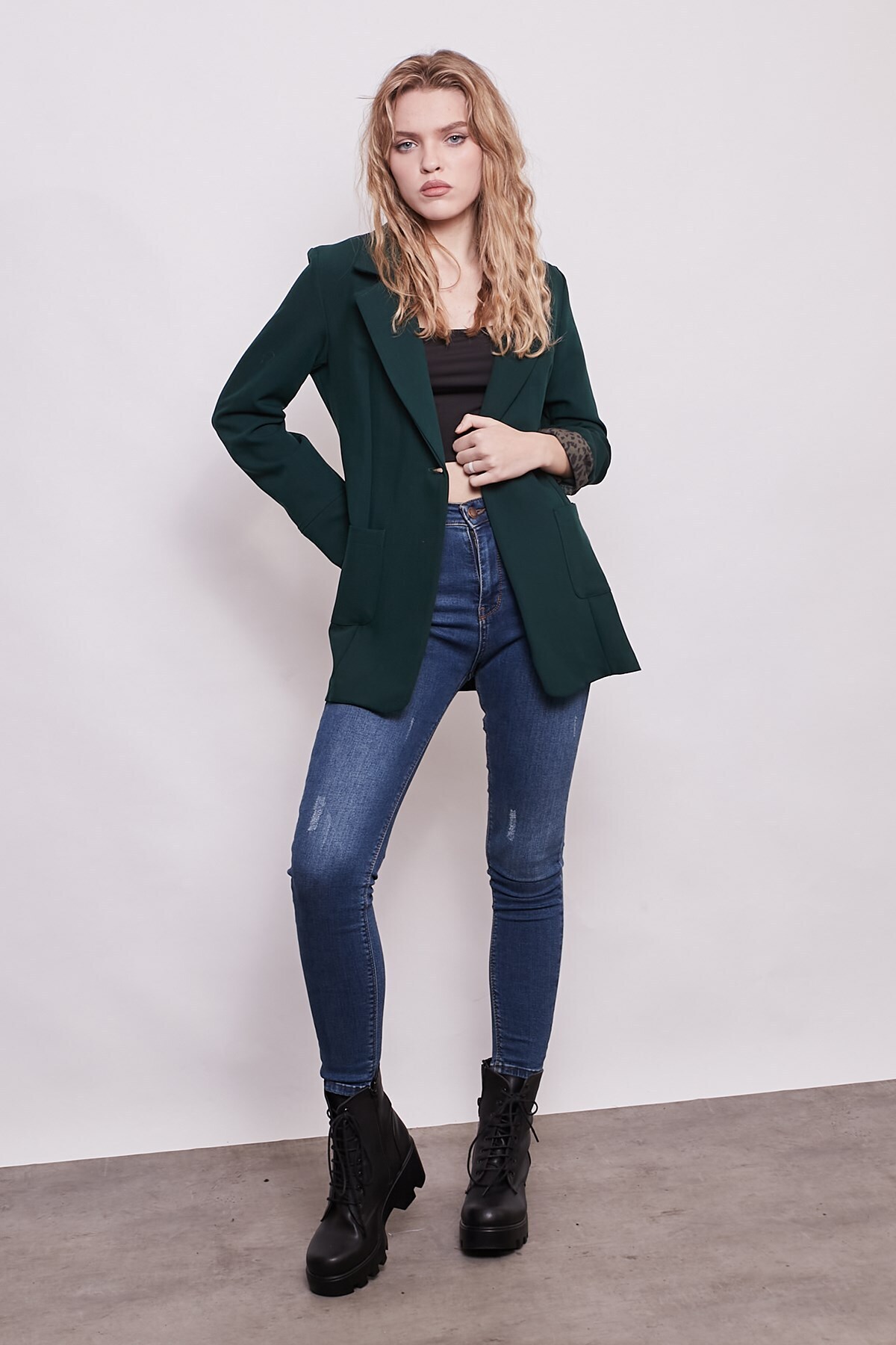 Foldable Fabric Blazer Office Jacket with Collared Pocket and Long Sleeve -Emerald