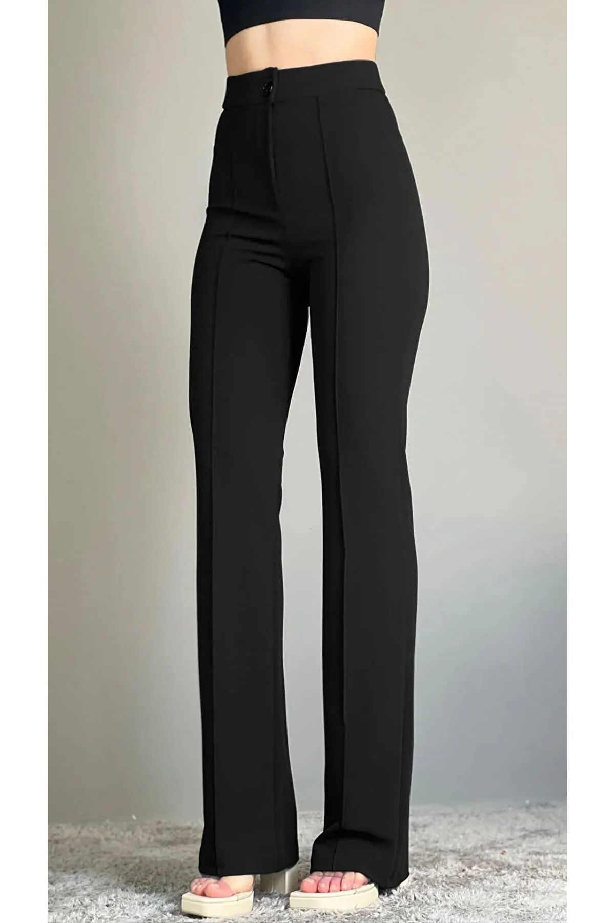 THIFF GYMWEAR  Krep Kumaş Likralı Önü Çimalı Siyah Kadın Palazzo Pantolon - Görsel 4