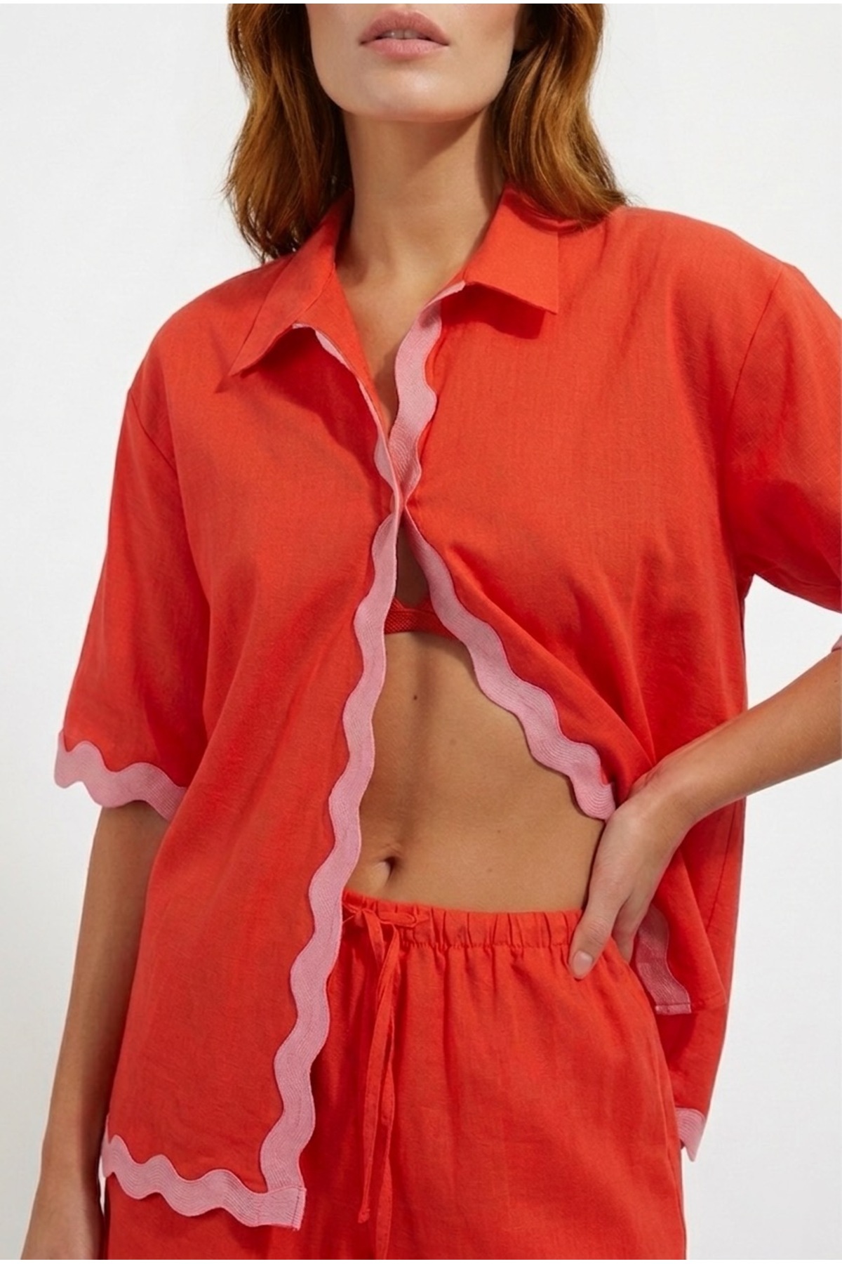 Reonly 100% Cotton Short Sleeve Red Women's Pajama Set with Shorts