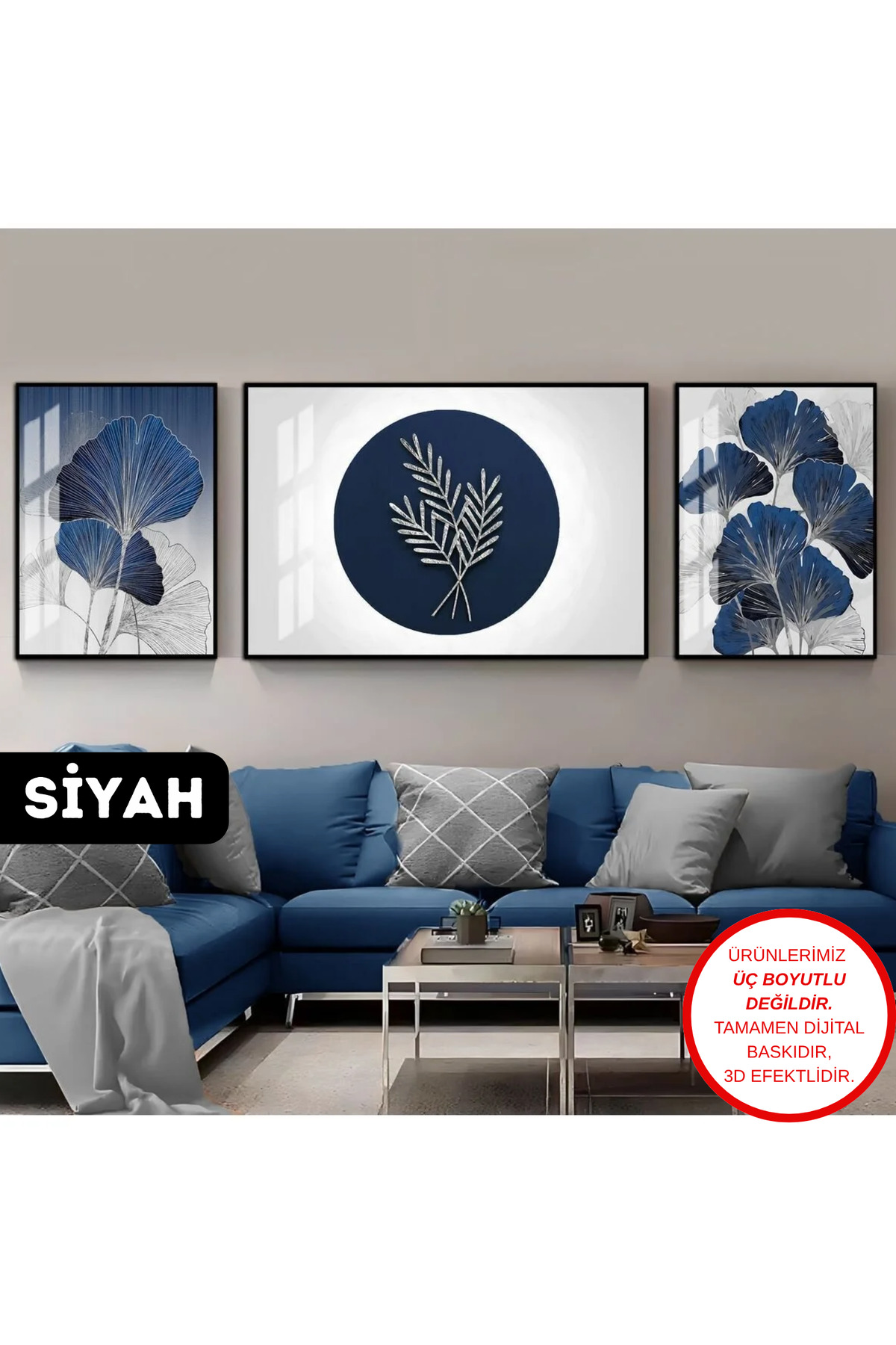 |navyblue-gray Combination Infinity Flower Abstract|framed Tempered Glass Table 3-Piece Horizontal