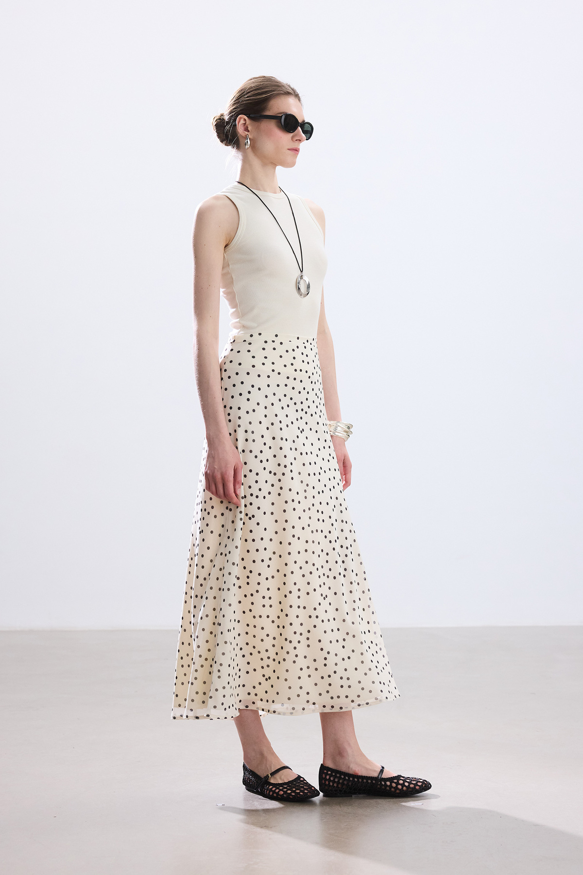 BE BLUE  EKRU PUANTİYE DESENLİ ETEK - Görsel 6