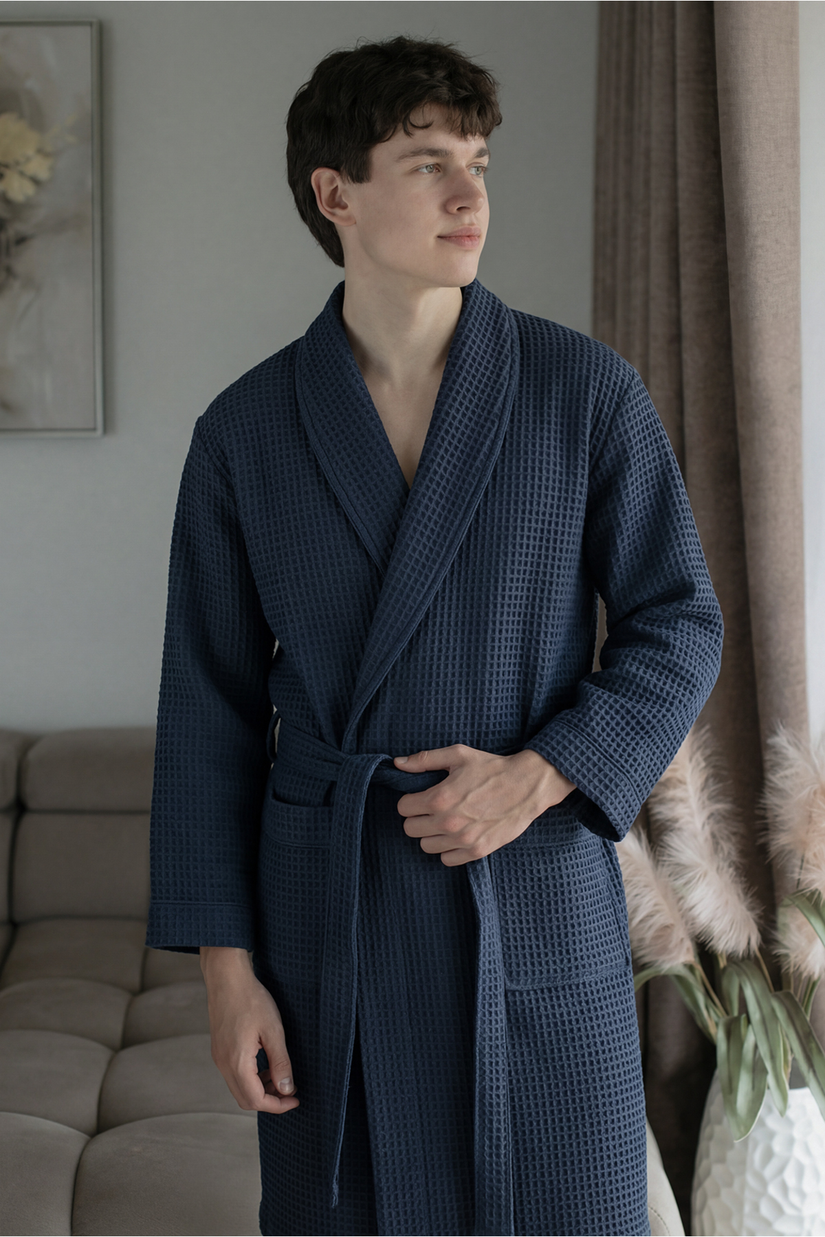 Afra Elite Series Men's Quilting Bathrobe Navy Blue, Oeko Tex Certified 100% Aegean Cotton, Woven 250 GSM