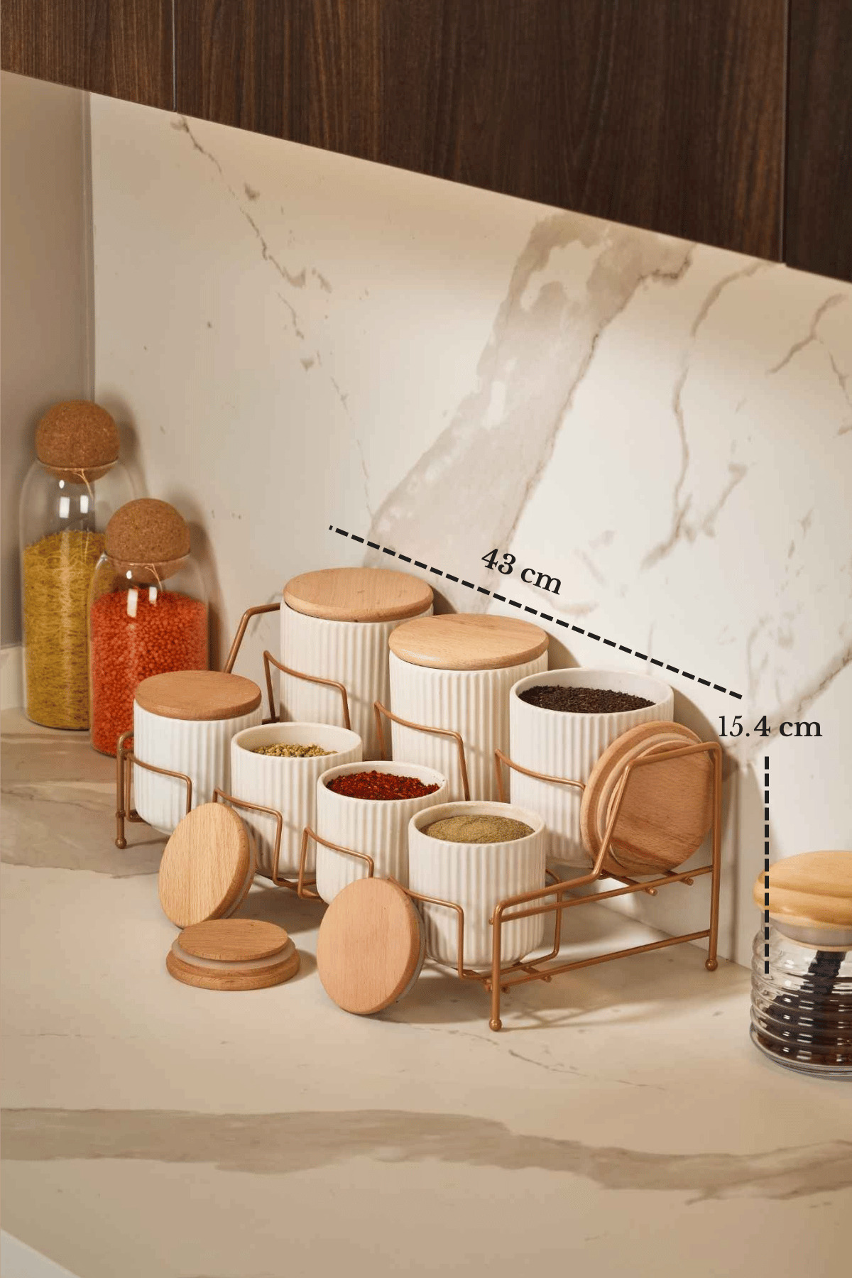 7 Compartment Porcelain Stylish Spice Set with Rose Stand Kitchen Organizer Stainless Metal with Bamboo Lid