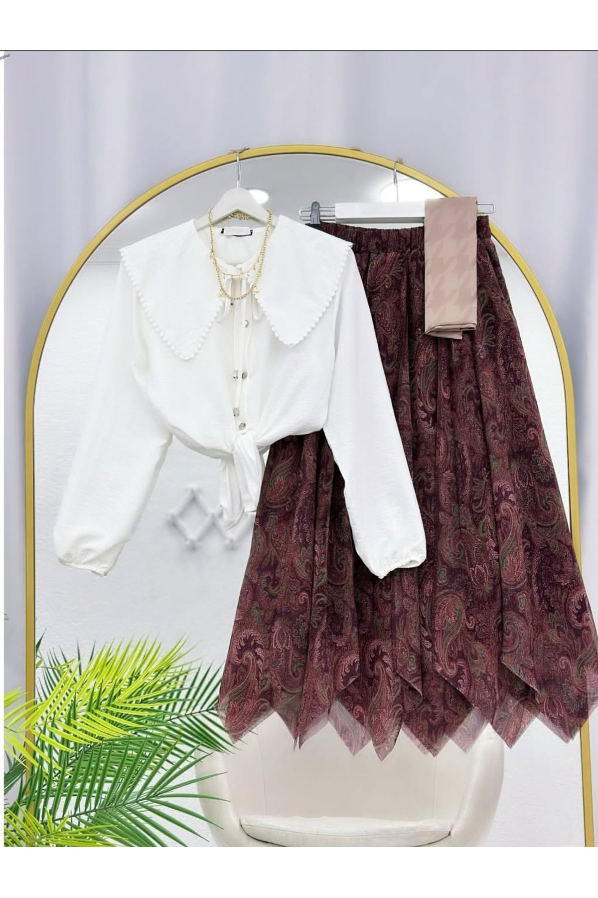 MODA VEDAT  Kadın Fisto Yakalı Gömlek - Desenli Asimetrik Kesim Etekli Takım -0640