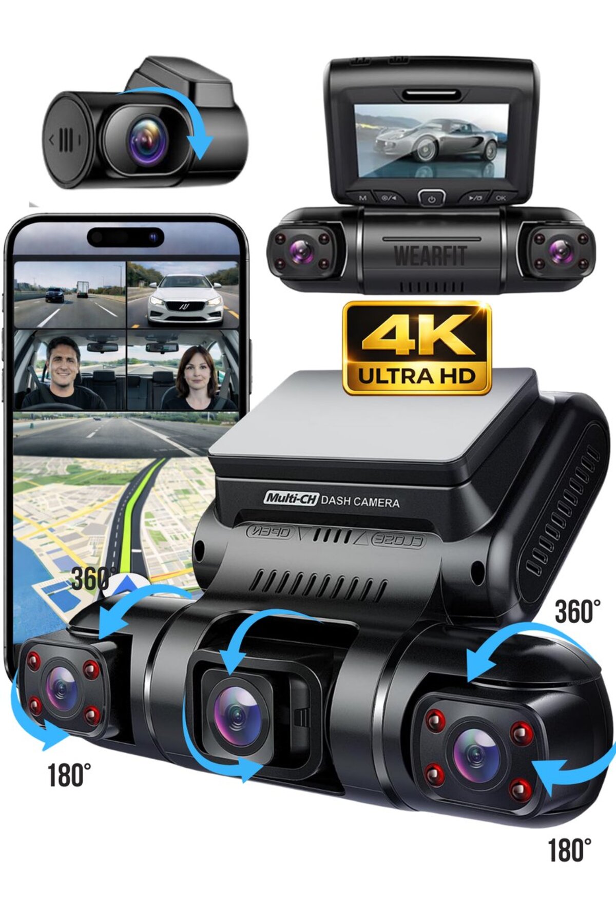 SONREİR X19 Premium 4 Lens Araç İçi Kamera WiFi GPS 4K Ultra HD Ön