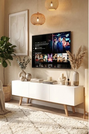 Yurudesign Pulse Tv Ünitesi 3 Kapaklı 180cm Ahşap Ayaklı Beyaz Pu1-w
