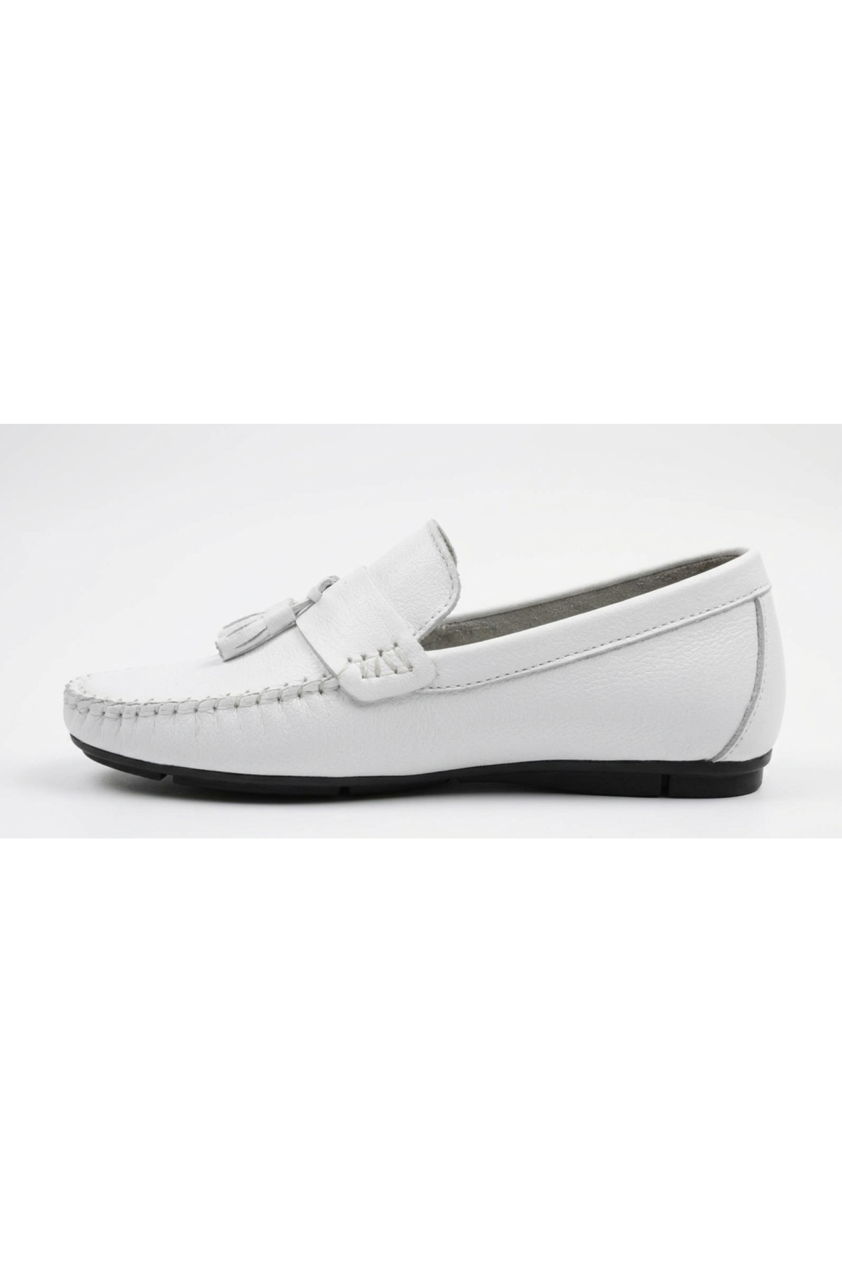 Growish GR0312 Hakiki Deri Saraçlı Rok Model Erkek Ponponlu Beyaz Renk Spor Klasik Loafer Babet Ayakkabı görsel 4