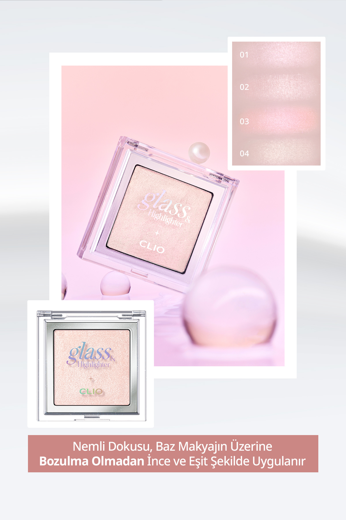 هایلایتر شیشه‌ای و هایلایتر CLIO (01 Moon Glow) لوکس کوشورت - یک هایلایتر صورتی براق با ظاهری طبیعی — بژ 111144 — تصویر 8 از 9