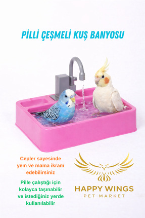 Happy Wings Pet Market Pilli Otomatik Çeşmeli Kuş Banyosu/Oyun Alanı Pembe