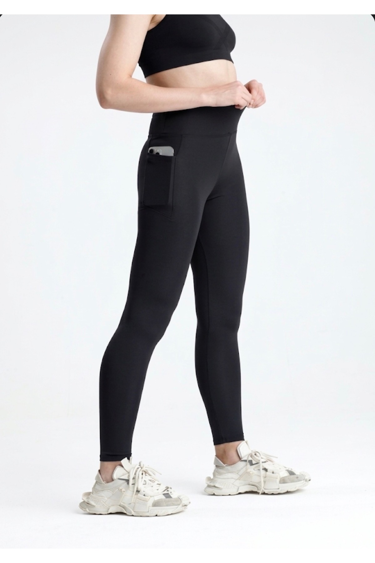 glanour Γυναικείο αθλητικό κολάν με ψηλή μέση και τσέπες, μαύρο, στενή εφαρμογή