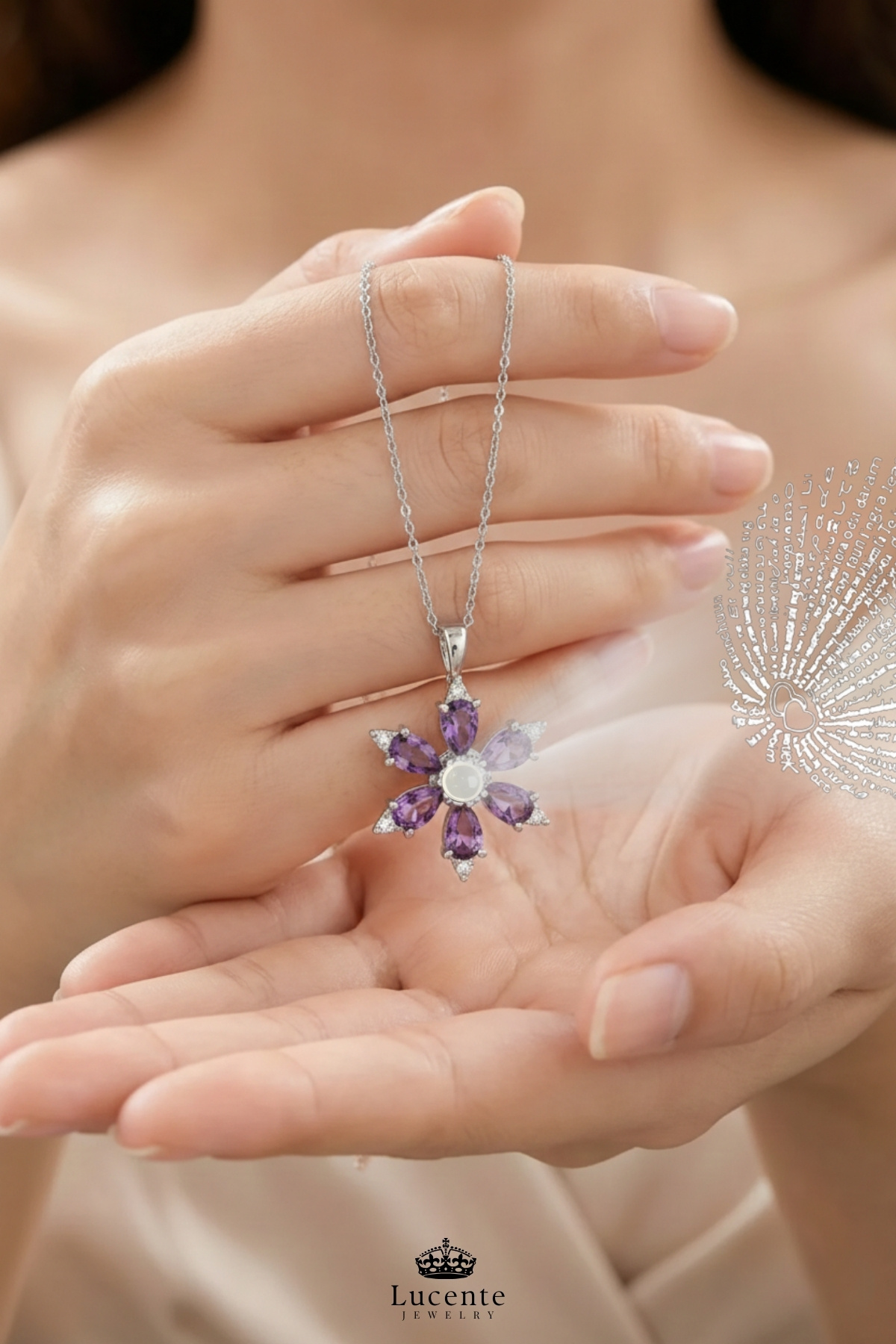 Lucente Jewellery 925 Ayar 100 Dilde Seni Seviyorum Yazan Kararma Karşıtı Rodyum Güçlendirmeli Gümüş Özel Gün Hediyesi Projeksiyon 45 Cm Zincirli Sonsuz Aşk Simgesi Küpe Hediyeli Mor Kamelya Lotus Çiçeği Kadın Kolye görsel 5