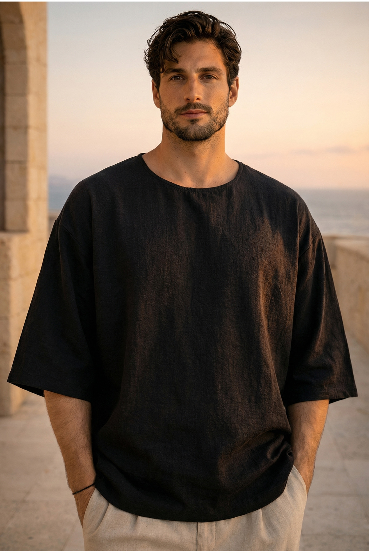 Castiel Crew Neck Poor Sleeve Oversized Short Sleeve T-shirt- Black