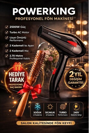 POWERKİNG 2500 Wt Profesyonel Fön Makinesi Kuaförlerin Tercihi 2Yıl Garanti İ...